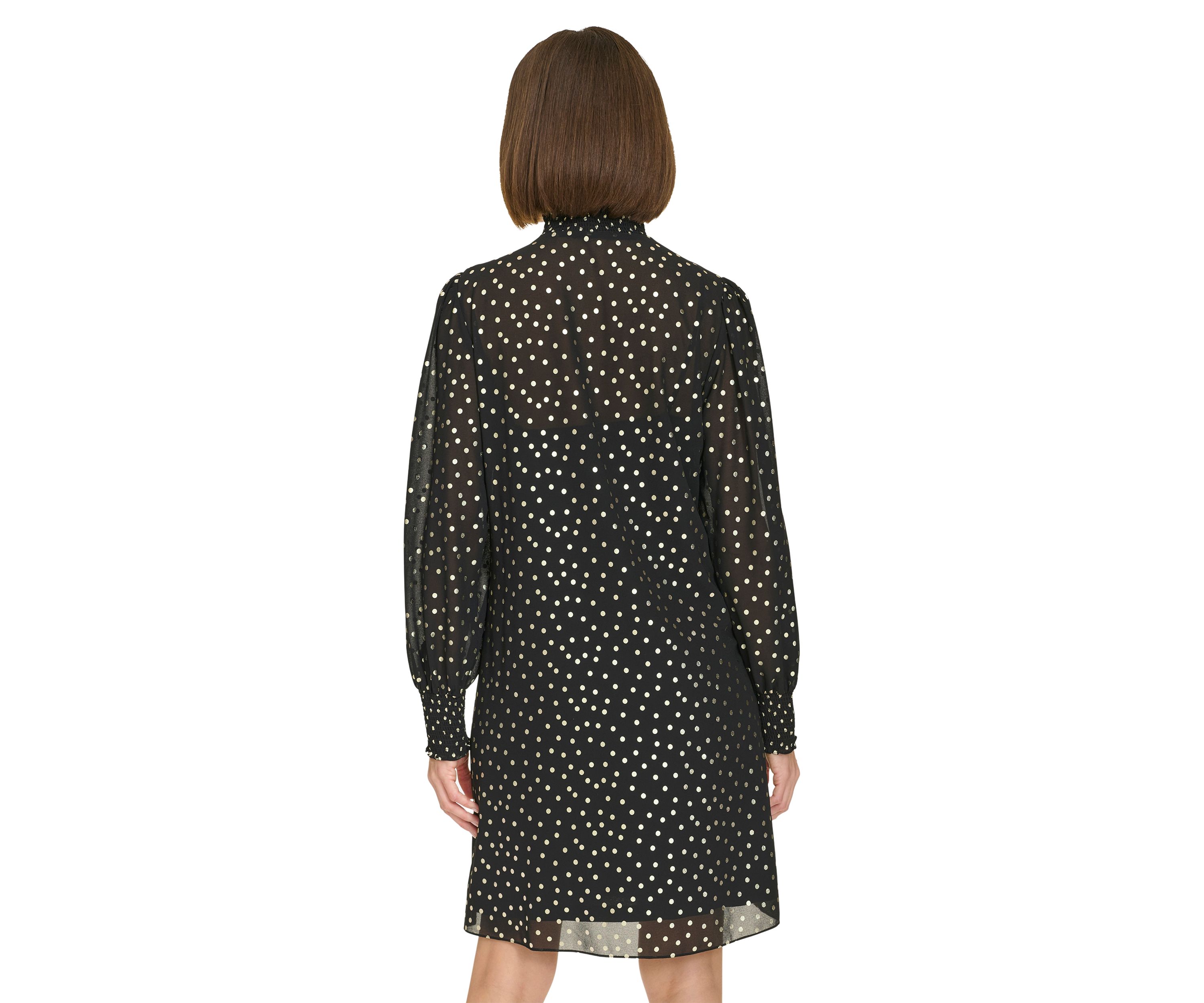 Womens Keyhole Smocked Neck and Cuff Chiffon Shift Dress