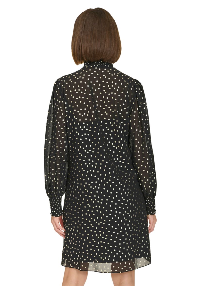 Womens Keyhole Smocked Neck and Cuff Chiffon Shift Dress