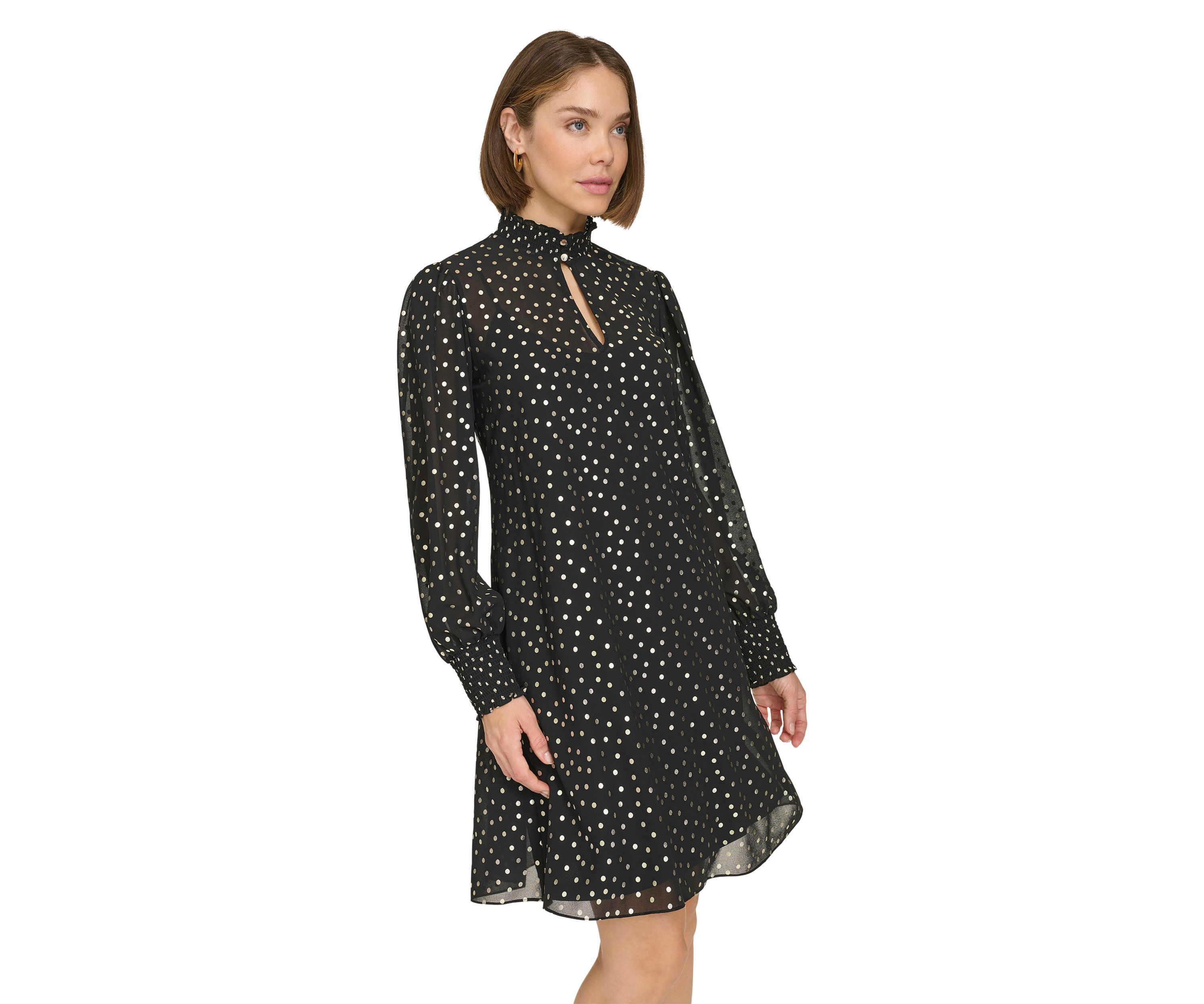 Womens Keyhole Smocked Neck and Cuff Chiffon Shift Dress