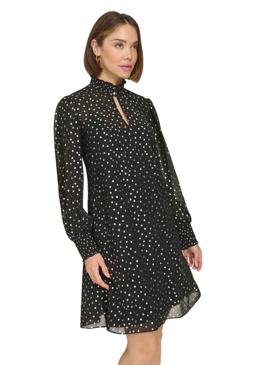 Womens Keyhole Smocked Neck and Cuff Chiffon Shift Dress