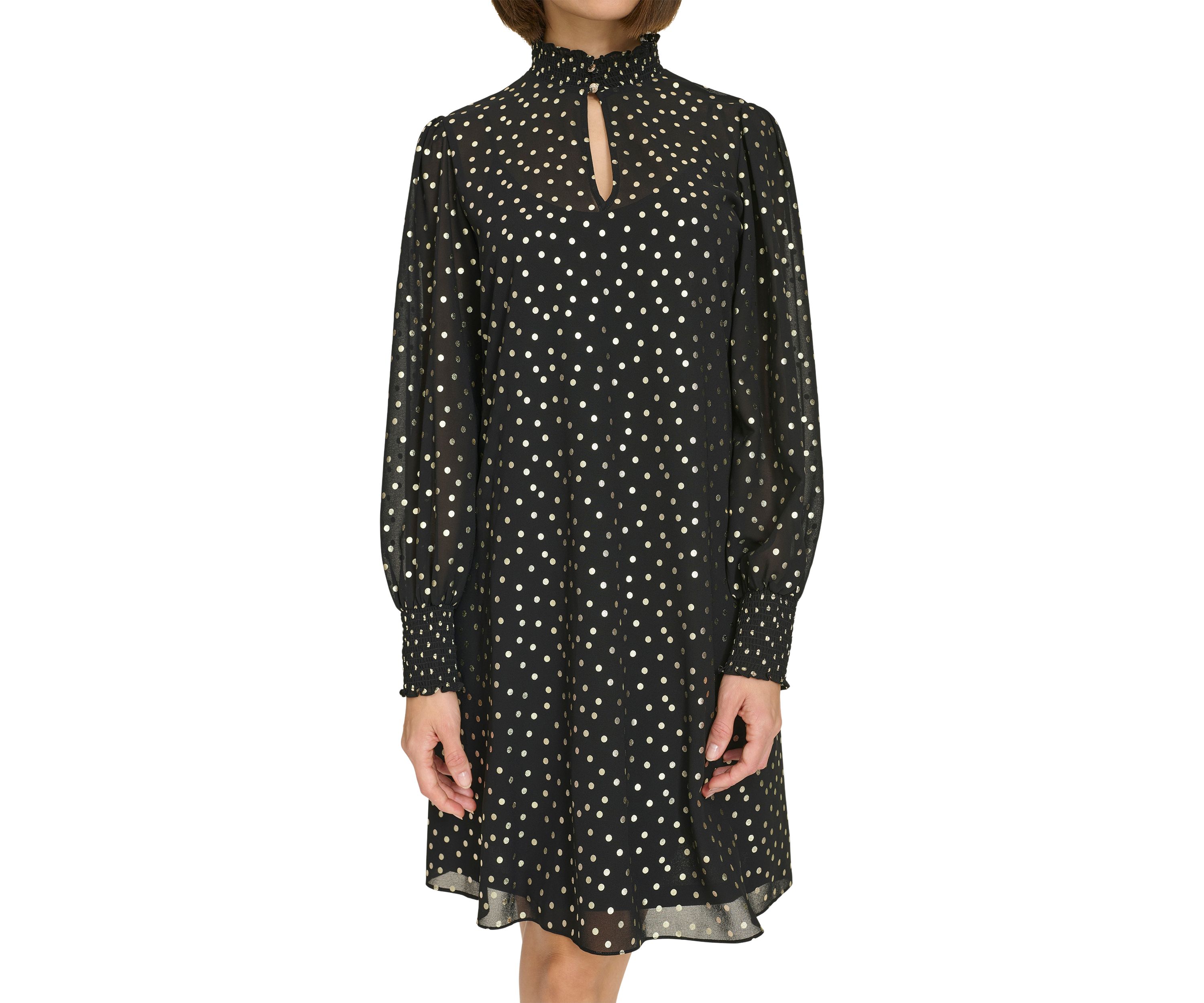 Womens Keyhole Smocked Neck and Cuff Chiffon Shift Dress
