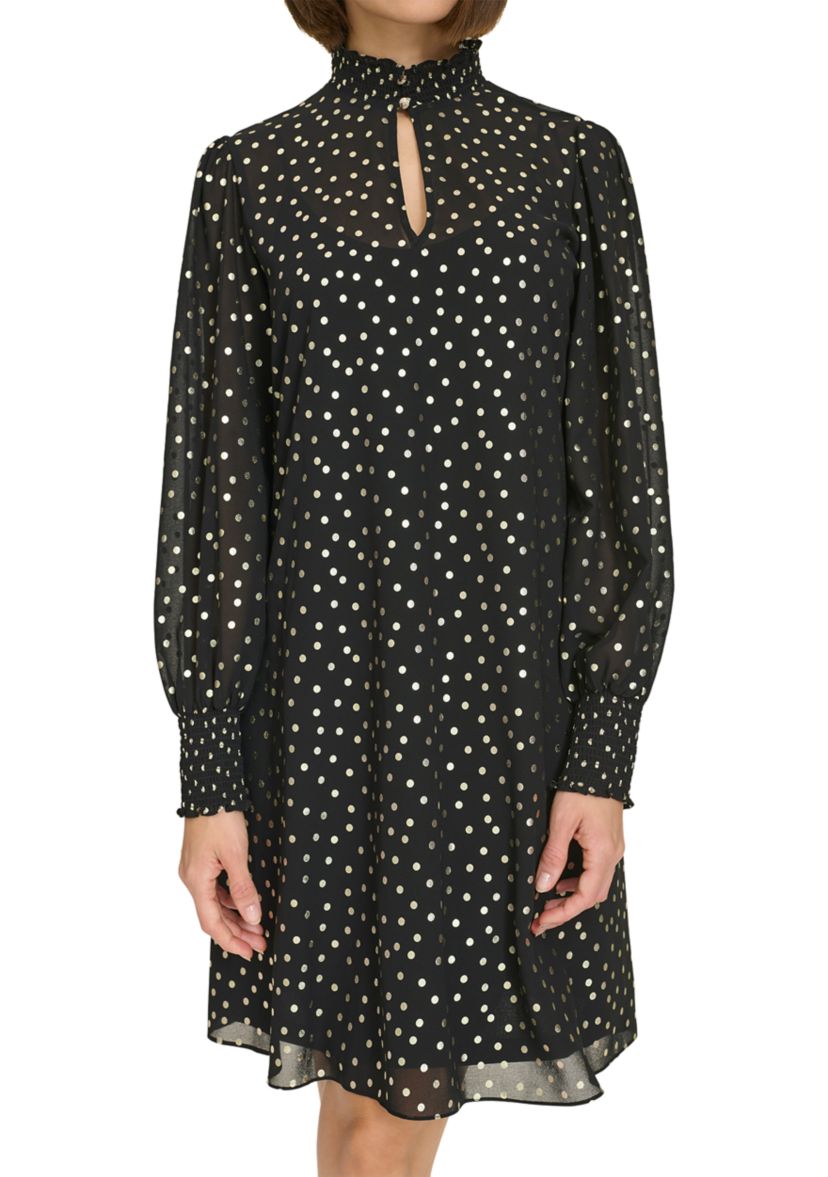 Womens Keyhole Smocked Neck and Cuff Chiffon Shift Dress