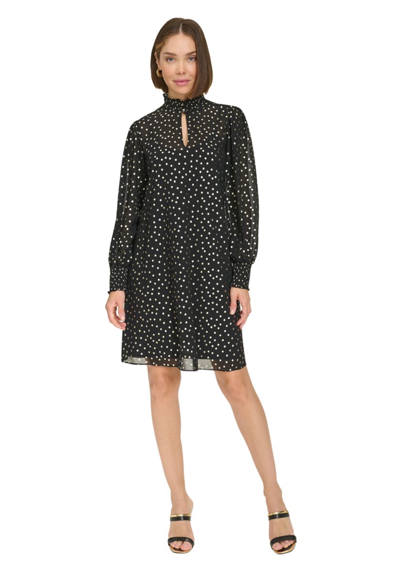 Womens Keyhole Smocked Neck and Cuff Chiffon Shift Dress