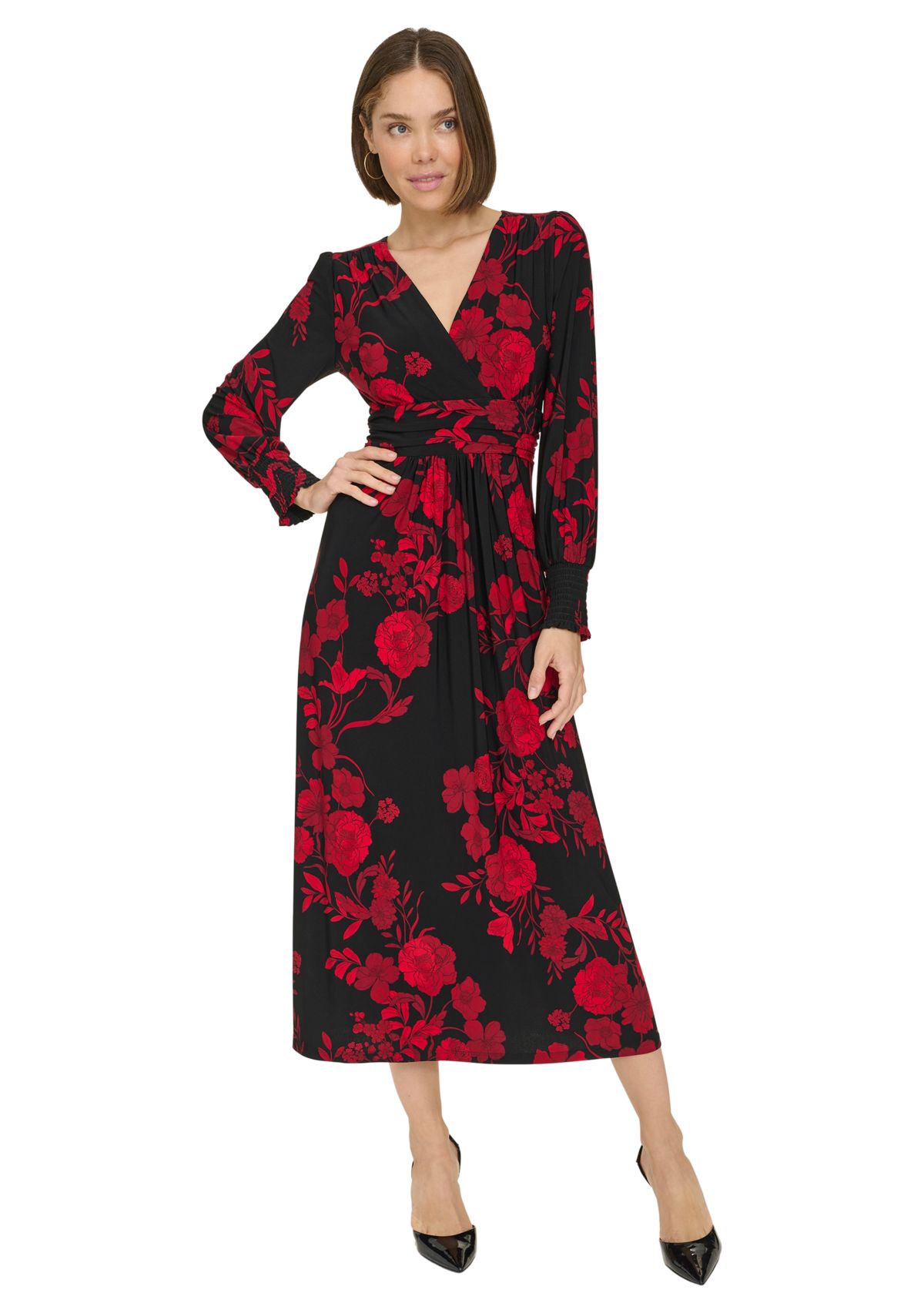 Womens Long Sleeve Ruched Waist Smocked Cuff Vita Floral Midi Dress