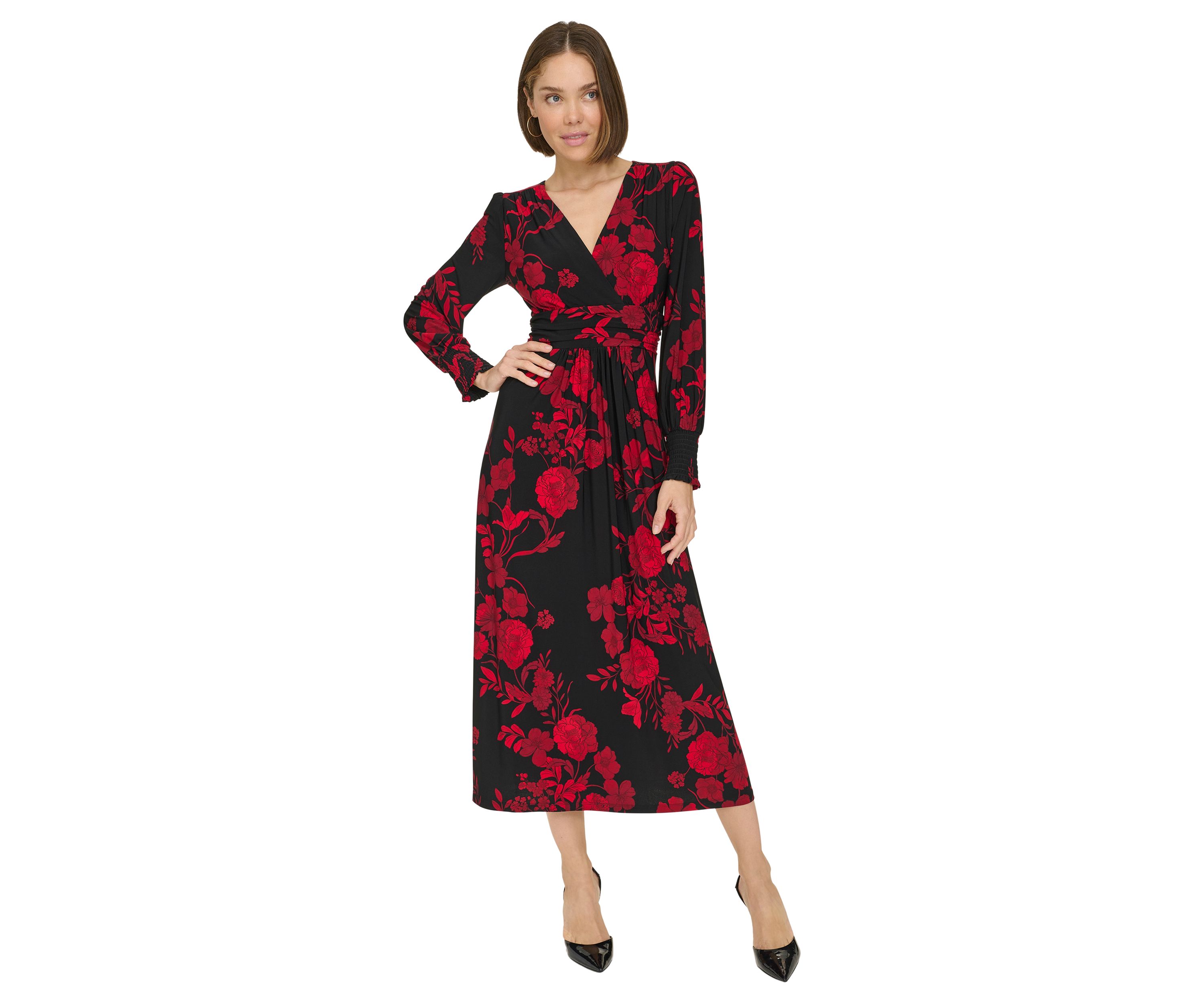 Womens Long Sleeve Ruched Waist Smocked Cuff Vita Floral Midi Dress