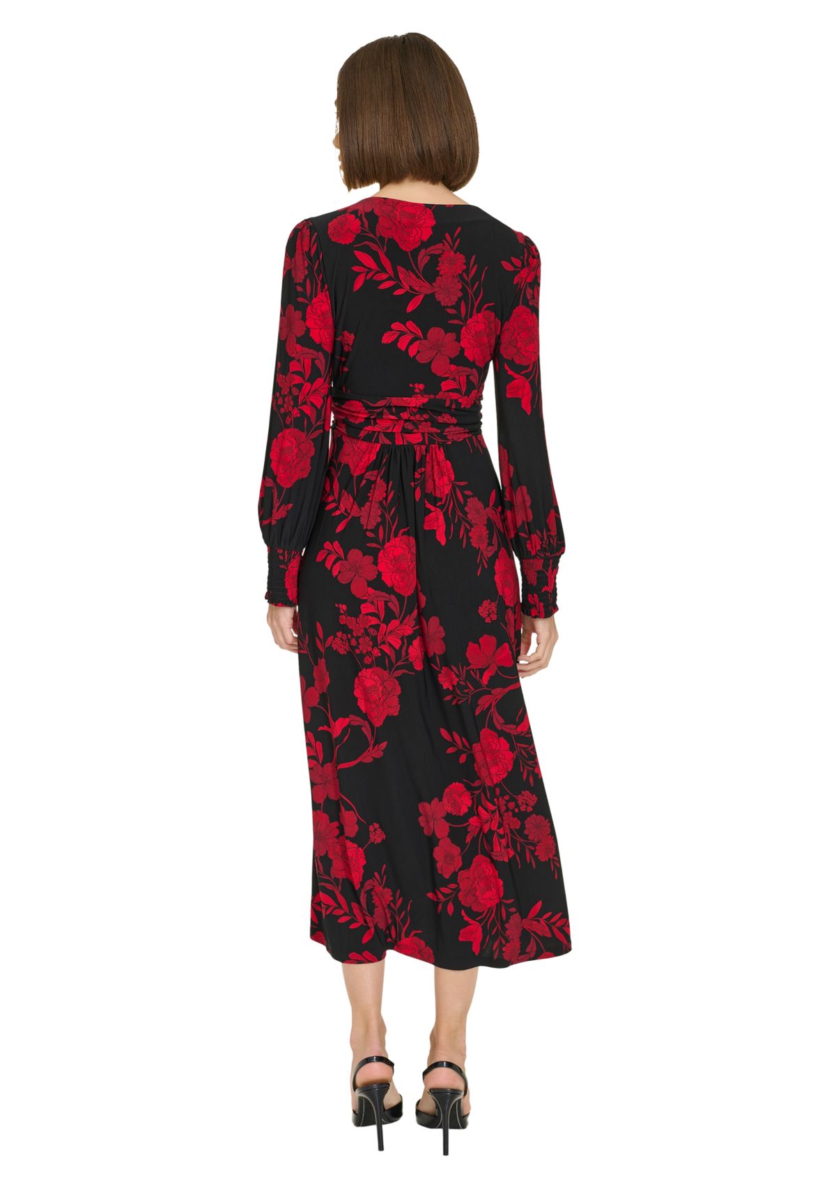Womens Long Sleeve Ruched Waist Smocked Cuff Vita Floral Midi Dress