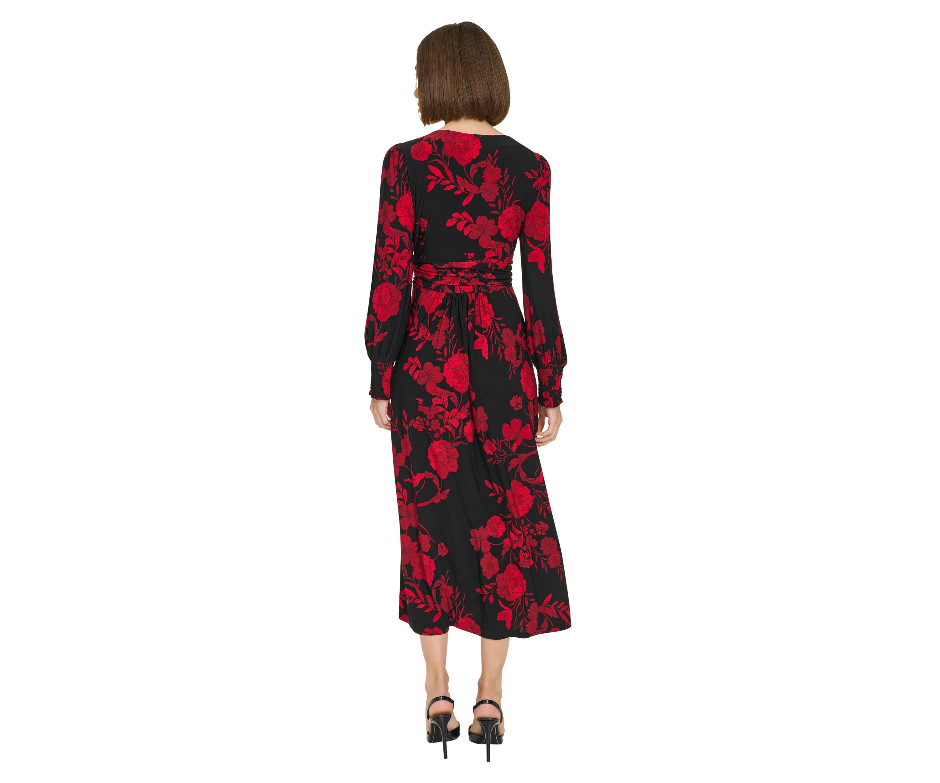 Womens Long Sleeve Ruched Waist Smocked Cuff Vita Floral Midi Dress