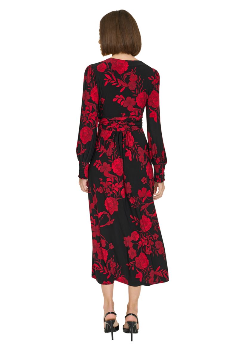 Womens Long Sleeve Ruched Waist Smocked Cuff Vita Floral Midi Dress