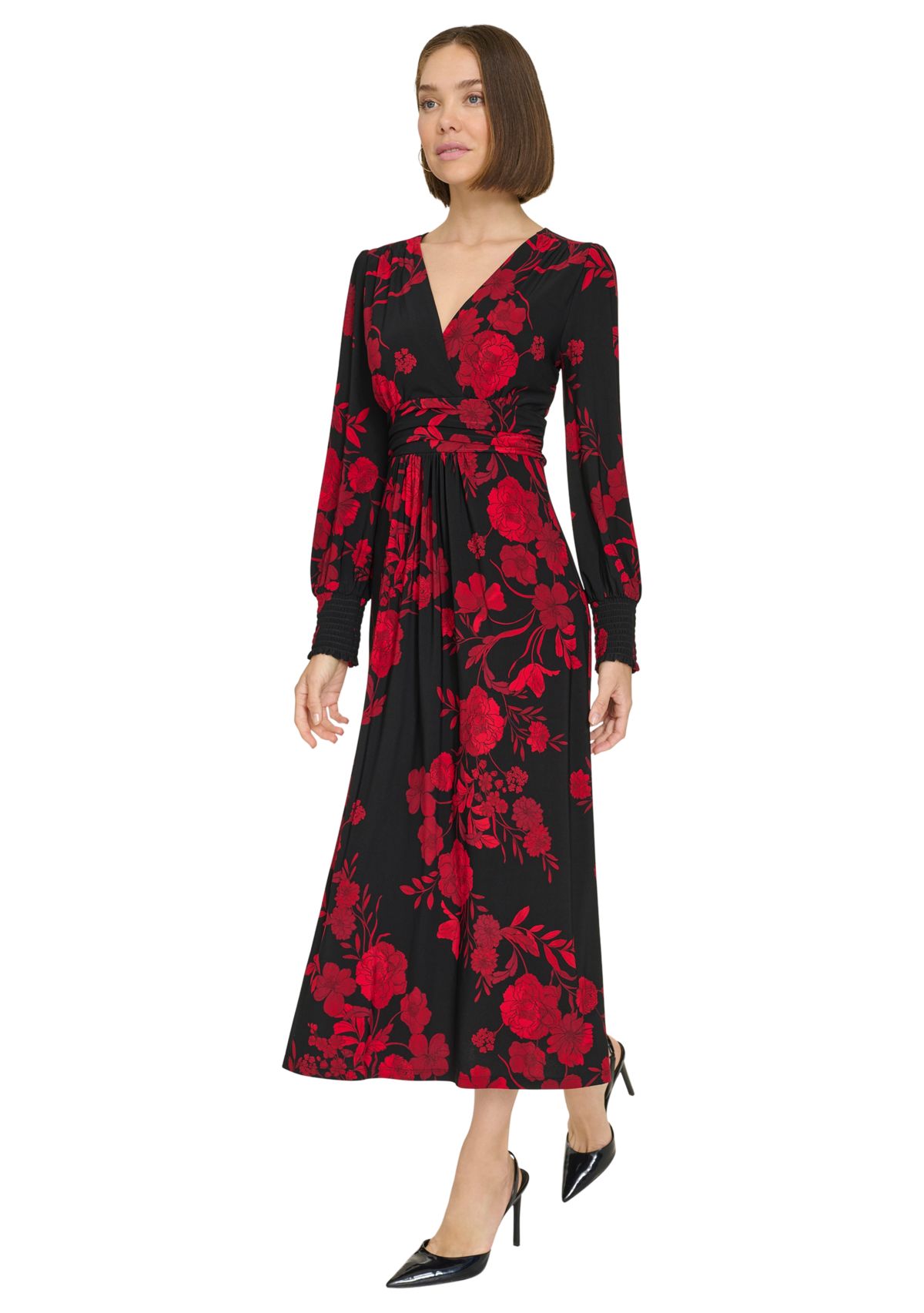 Womens Long Sleeve Ruched Waist Smocked Cuff Vita Floral Midi Dress