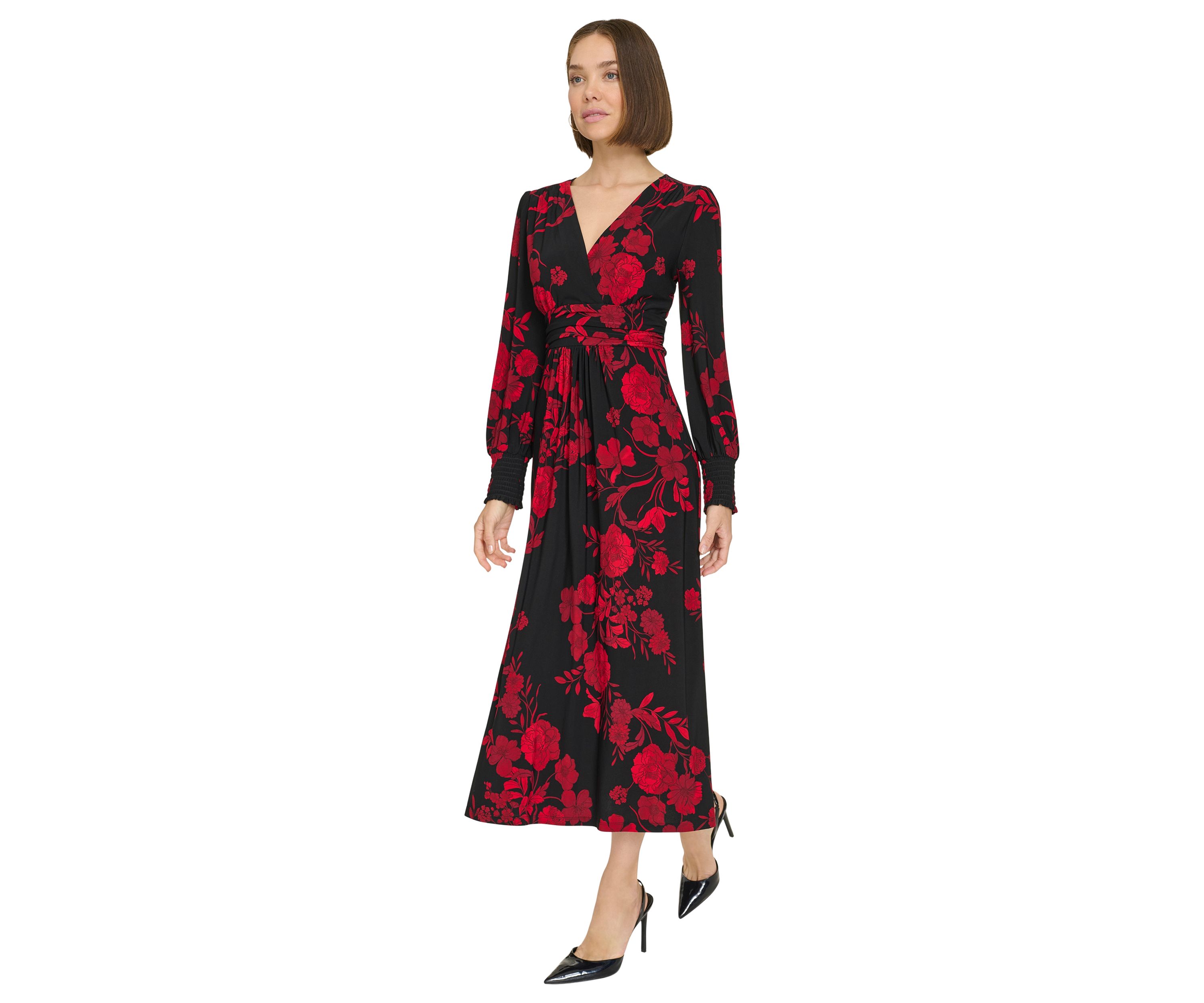 Womens Long Sleeve Ruched Waist Smocked Cuff Vita Floral Midi Dress