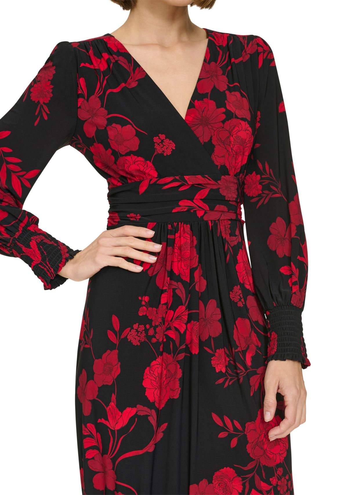 Womens Long Sleeve Ruched Waist Smocked Cuff Vita Floral Midi Dress