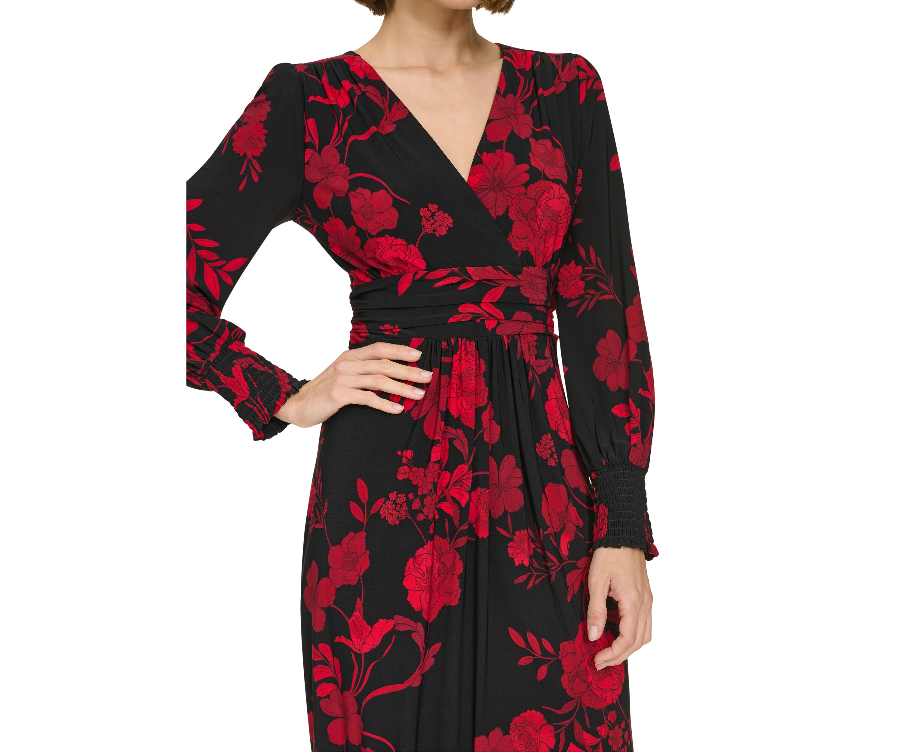 Womens Long Sleeve Ruched Waist Smocked Cuff Vita Floral Midi Dress