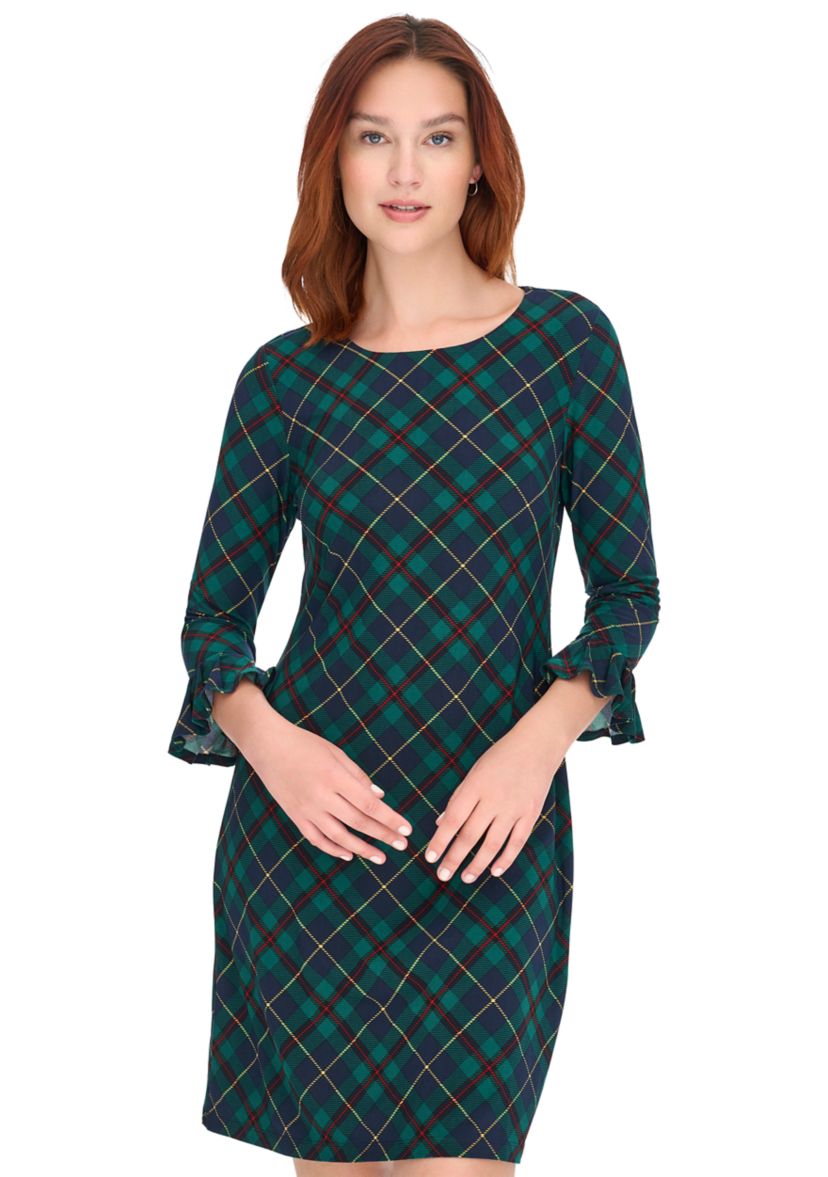 Womens 3/4 Sleeve Pleat Cuff Jersey Shift Dress 