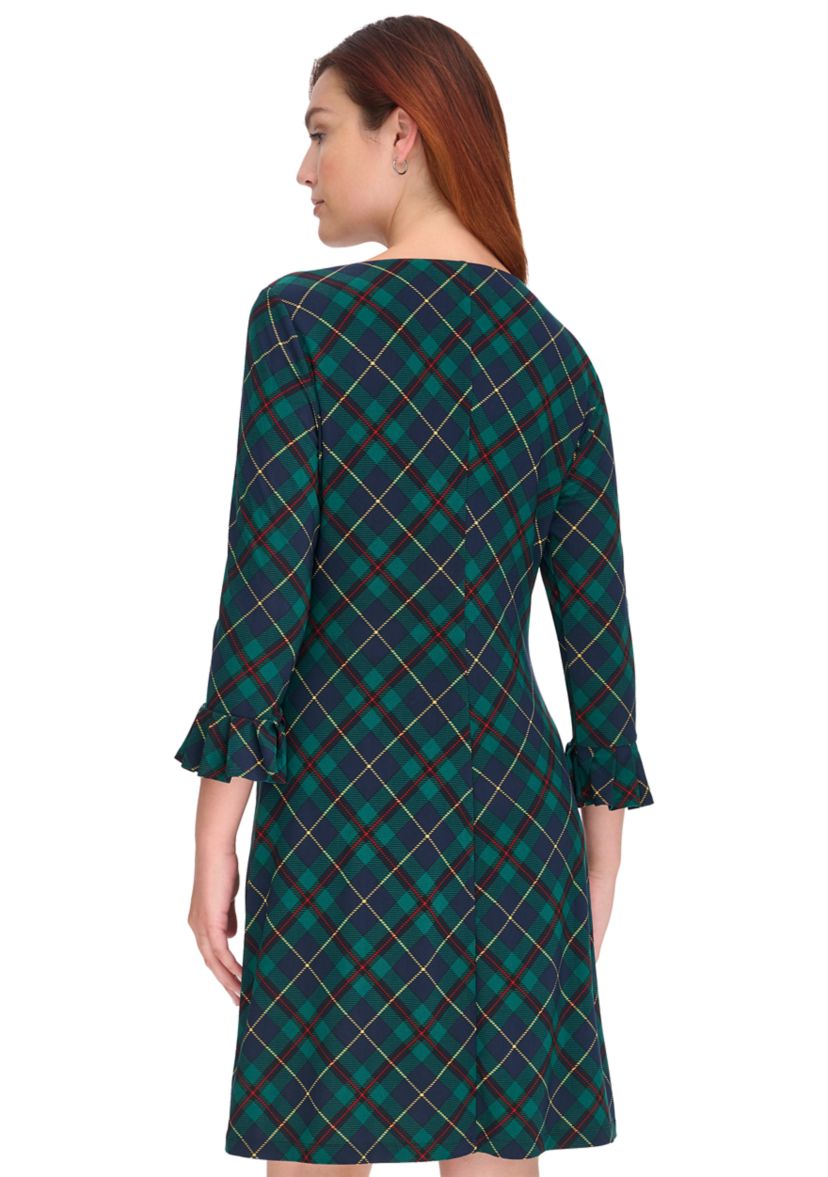 Womens 3/4 Sleeve Pleat Cuff Jersey Shift Dress 