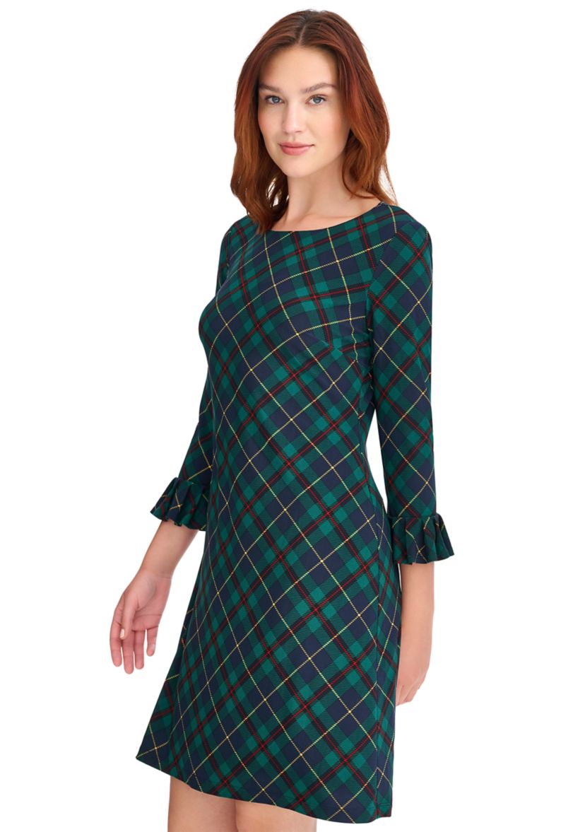 Womens 3/4 Sleeve Pleat Cuff Jersey Shift Dress 