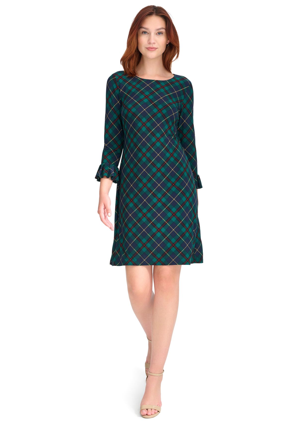 Womens 3/4 Sleeve Pleat Cuff Jersey Shift Dress 