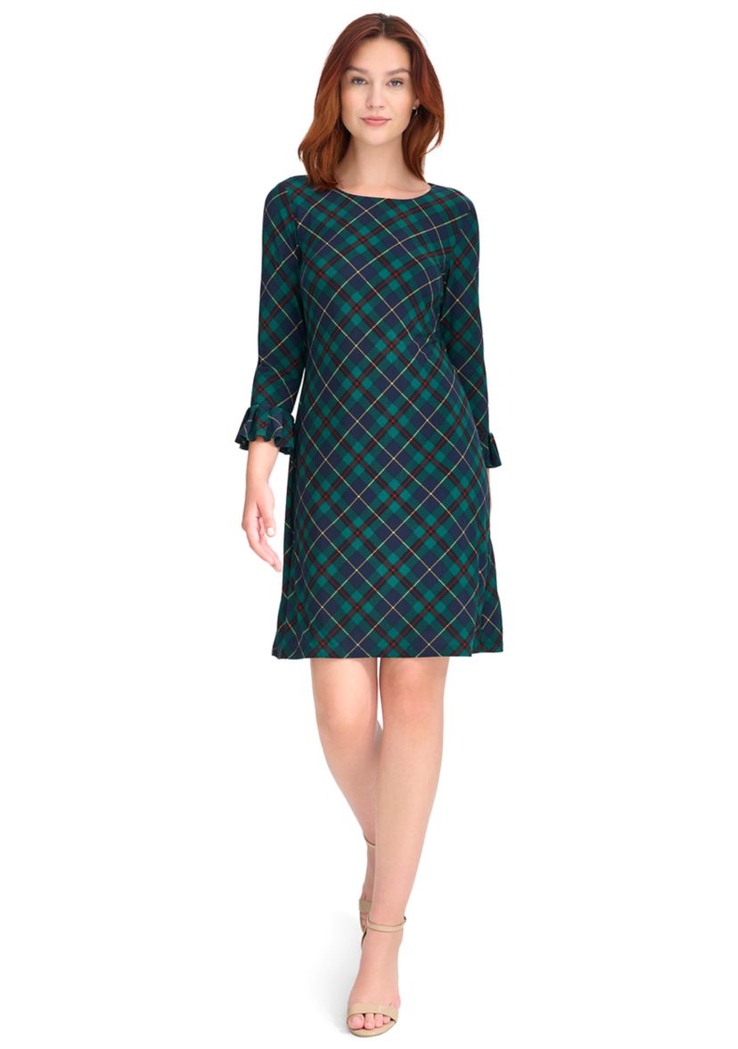 Womens 3/4 Sleeve Pleat Cuff Jersey Shift Dress 