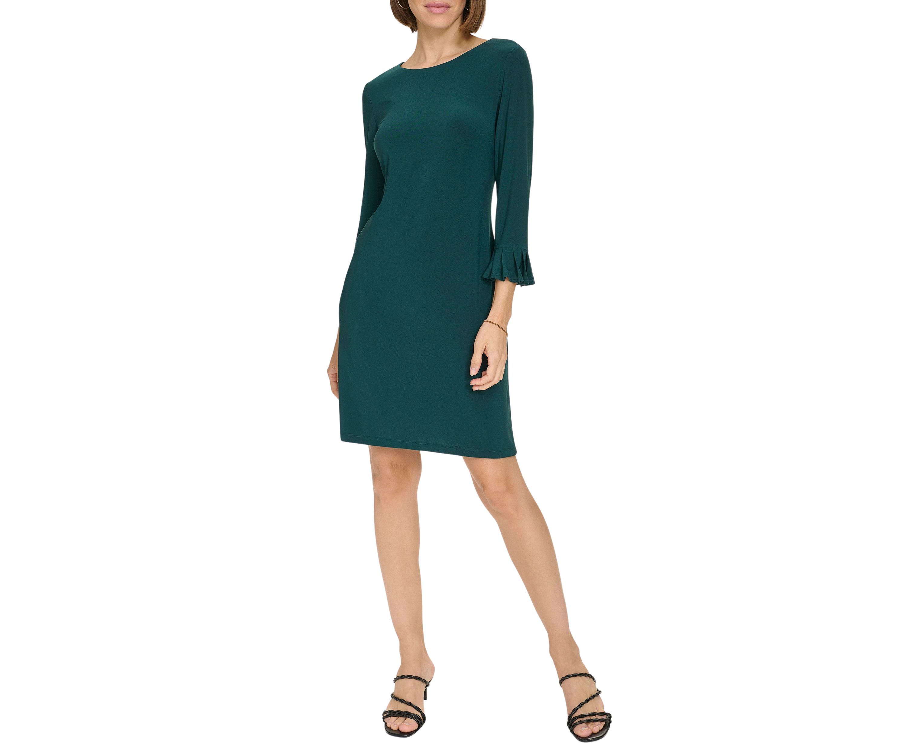 Womens 3/4 Sleeve Pleat Cuff Jersey Shift Dress