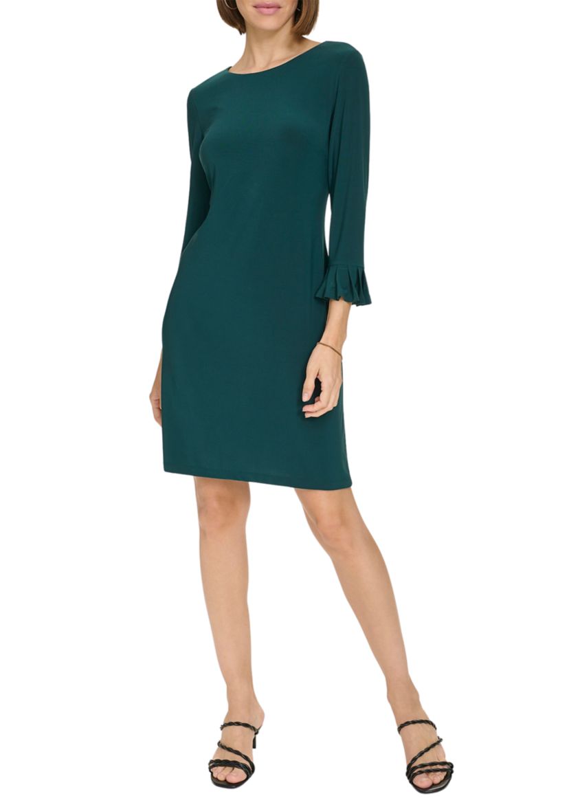 Womens 3/4 Sleeve Pleat Cuff Jersey Shift Dress