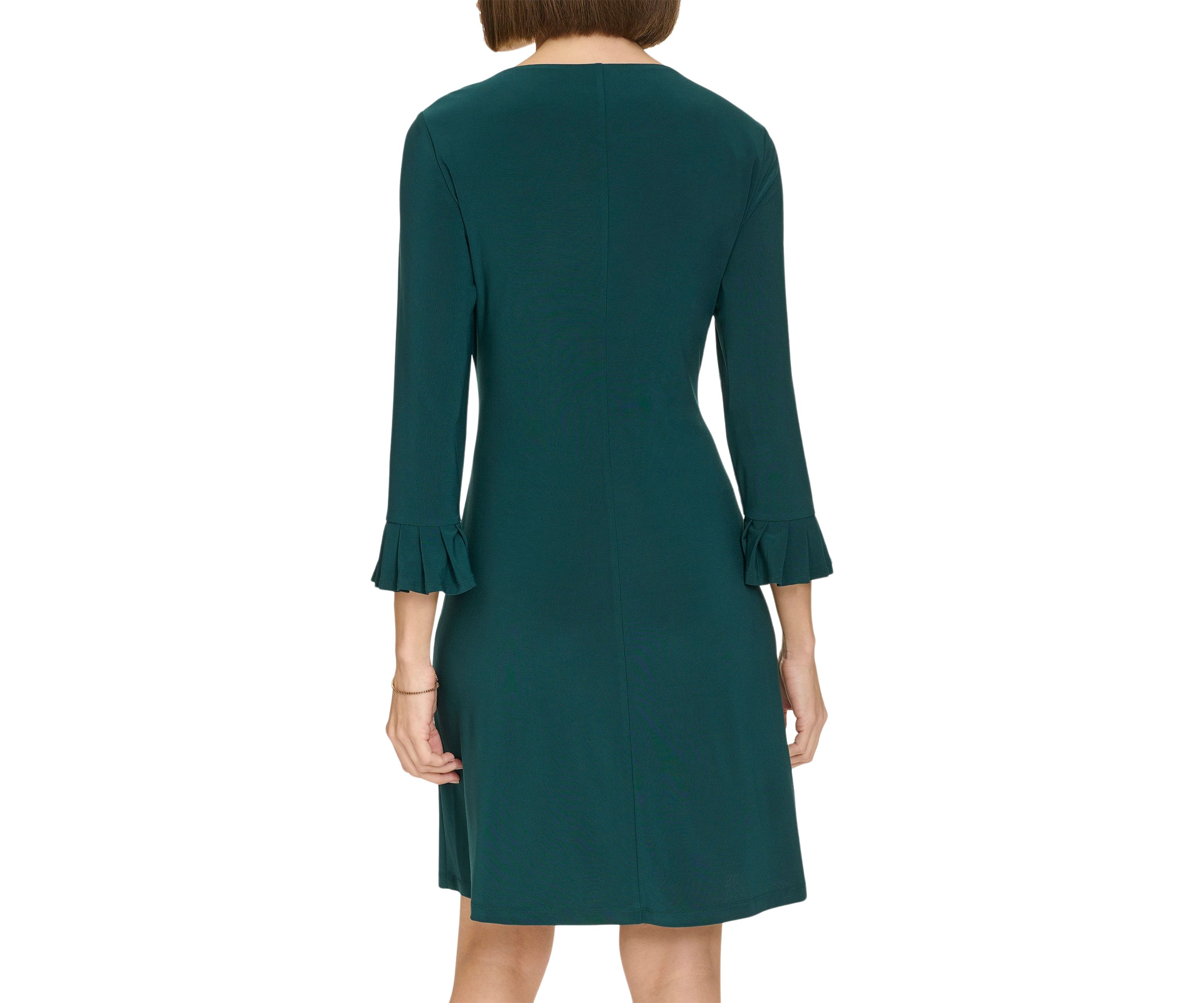 Womens 3/4 Sleeve Pleat Cuff Jersey Shift Dress