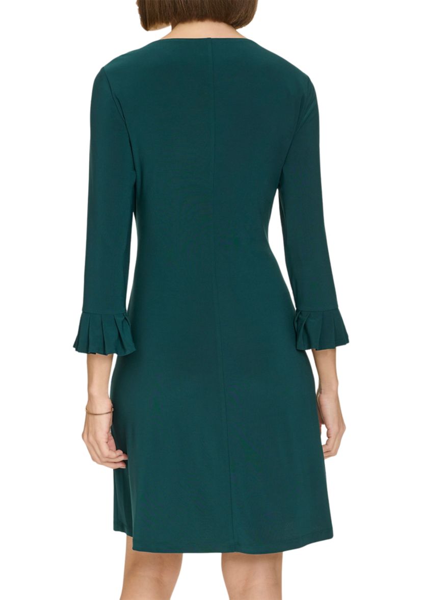 Womens 3/4 Sleeve Pleat Cuff Jersey Shift Dress