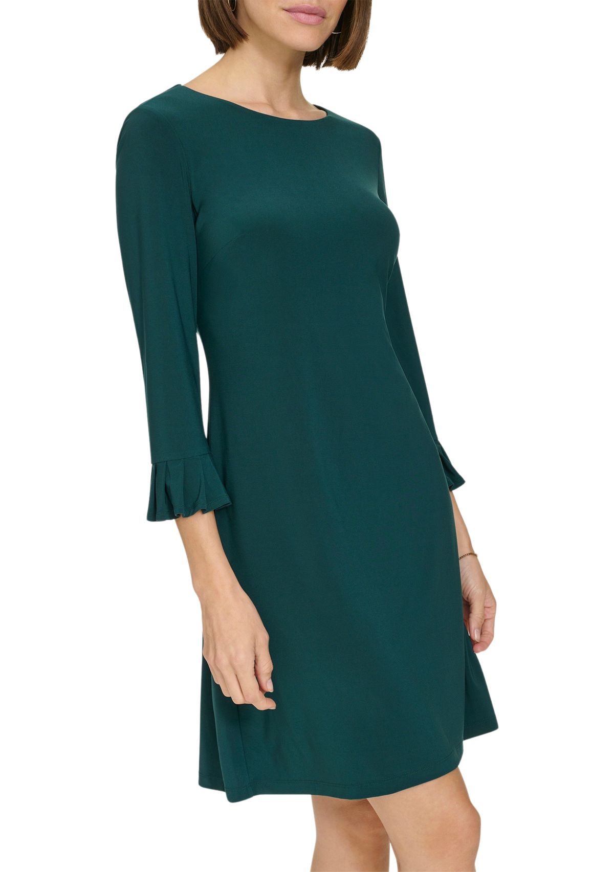 Womens 3/4 Sleeve Pleat Cuff Jersey Shift Dress