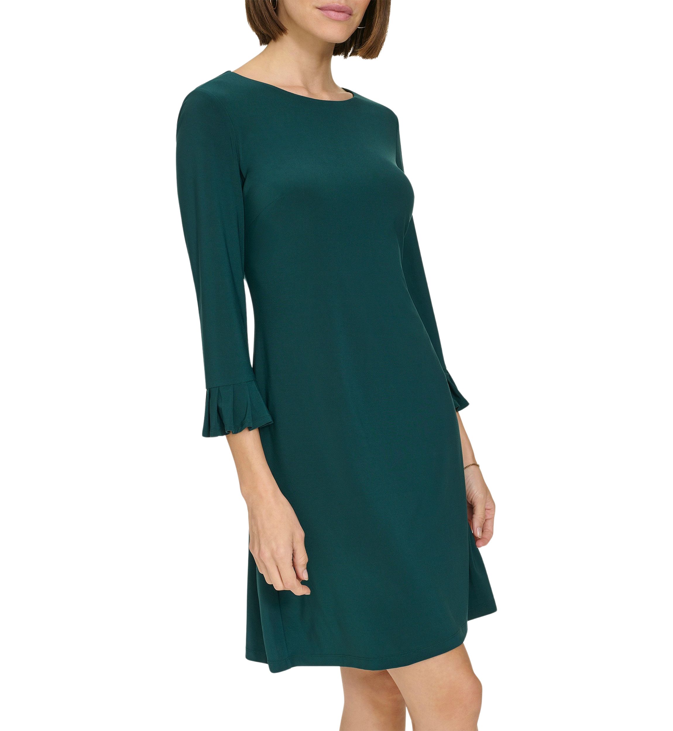 Womens 3/4 Sleeve Pleat Cuff Jersey Shift Dress