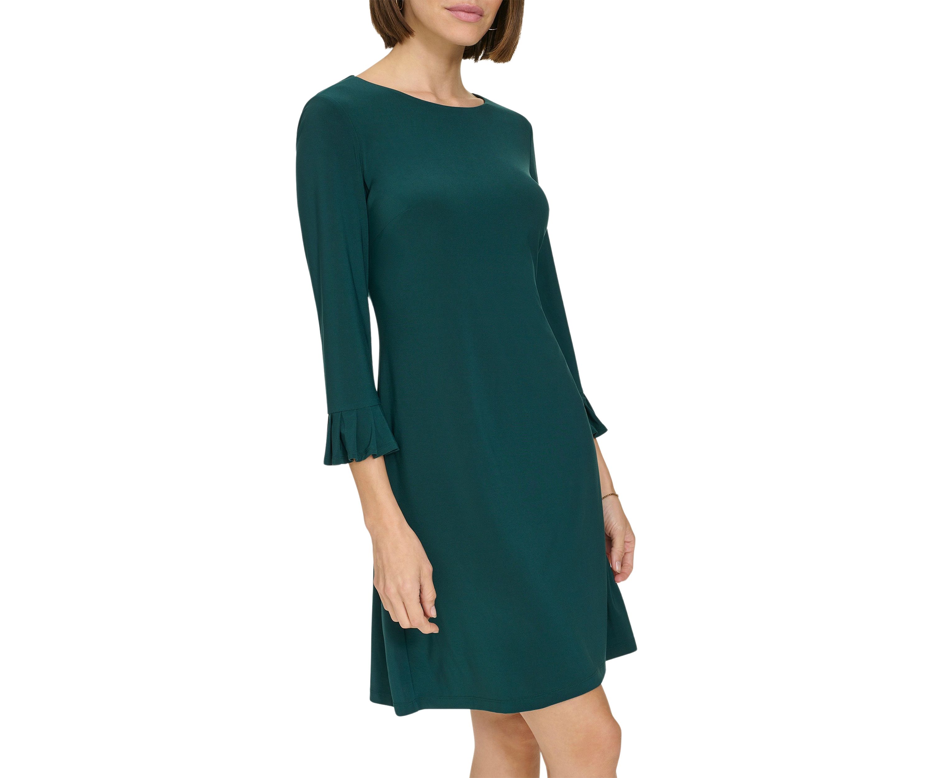 Womens 3/4 Sleeve Pleat Cuff Jersey Shift Dress