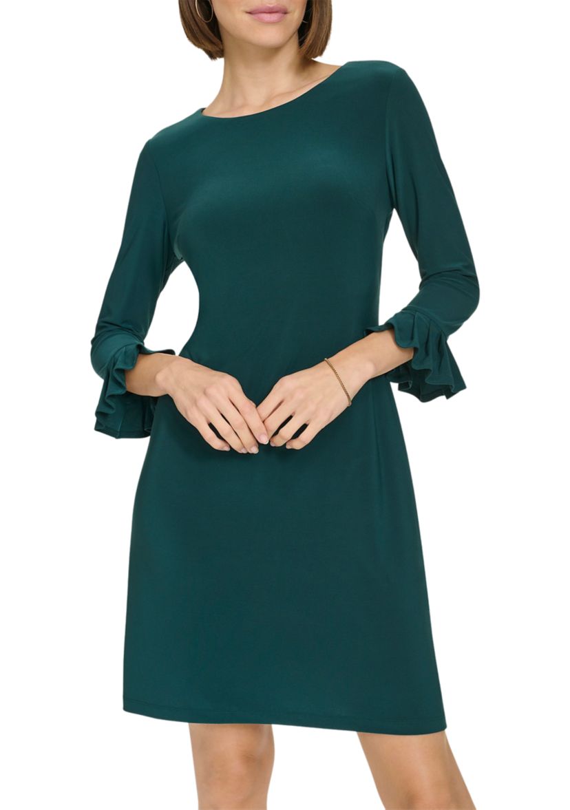 Womens 3/4 Sleeve Pleat Cuff Jersey Shift Dress