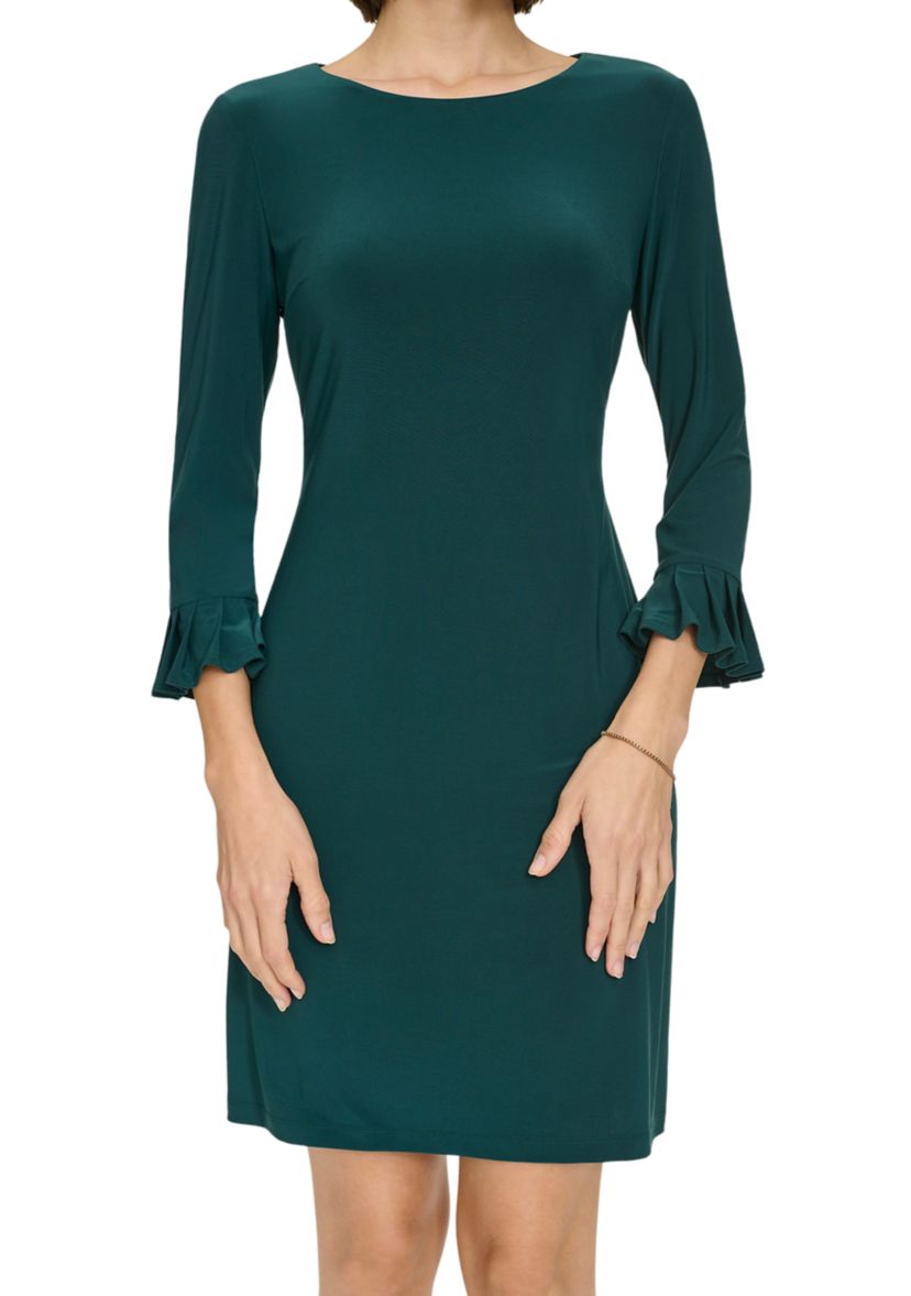 Womens 3/4 Sleeve Pleat Cuff Jersey Shift Dress