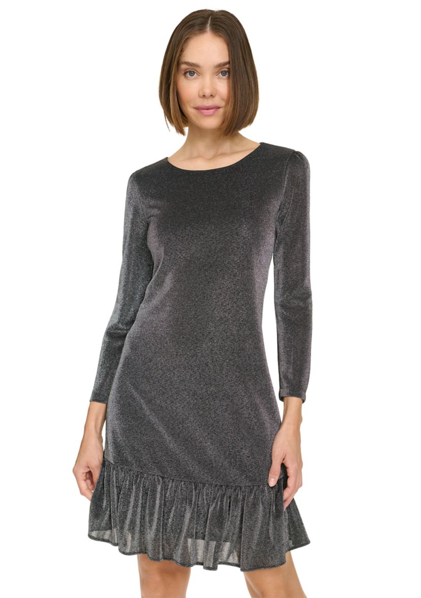 3/4 Sleeve Ruffle Hem Pop Shimmer Shift Dress 