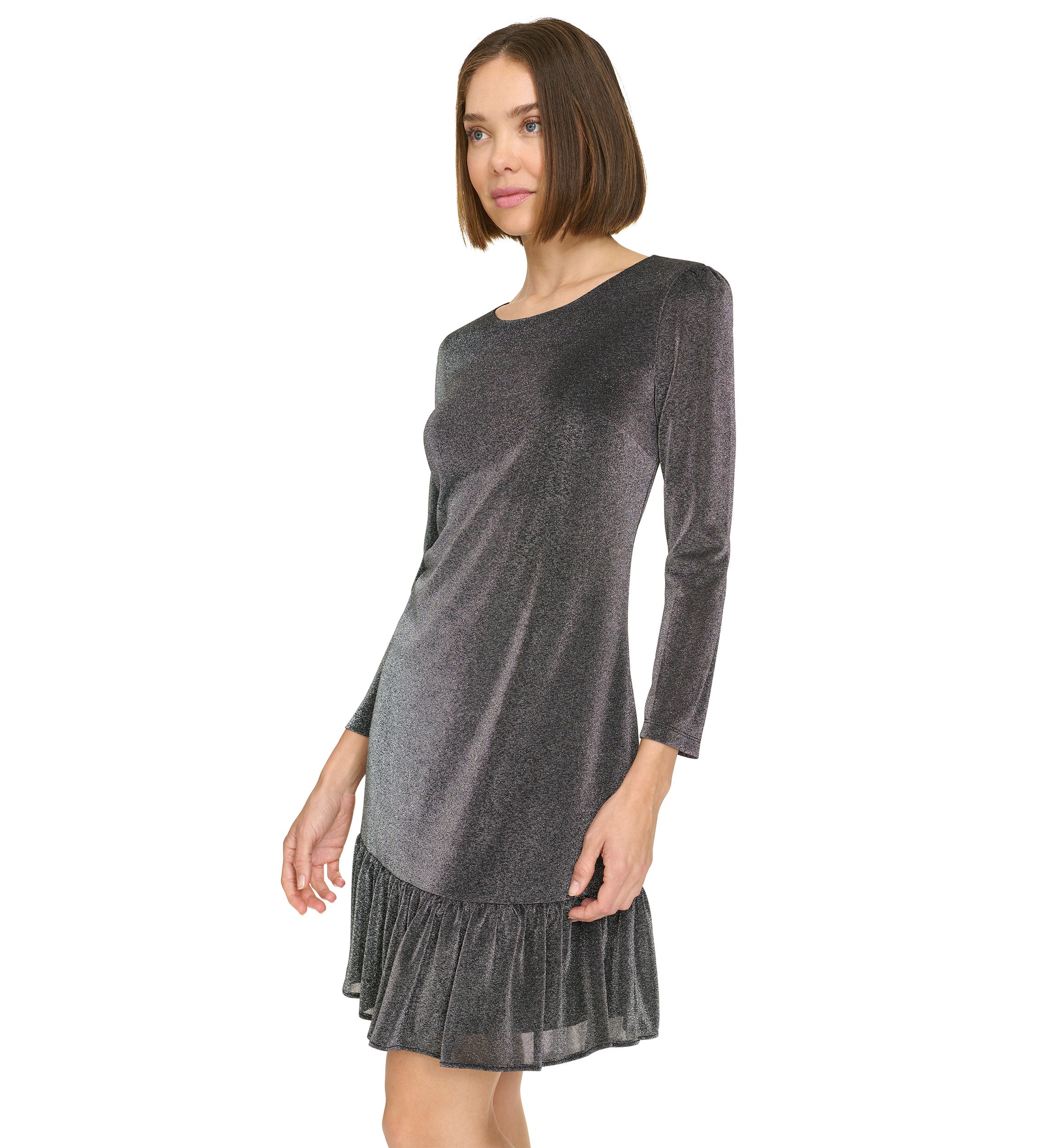3/4 Sleeve Ruffle Hem Pop Shimmer Shift Dress 