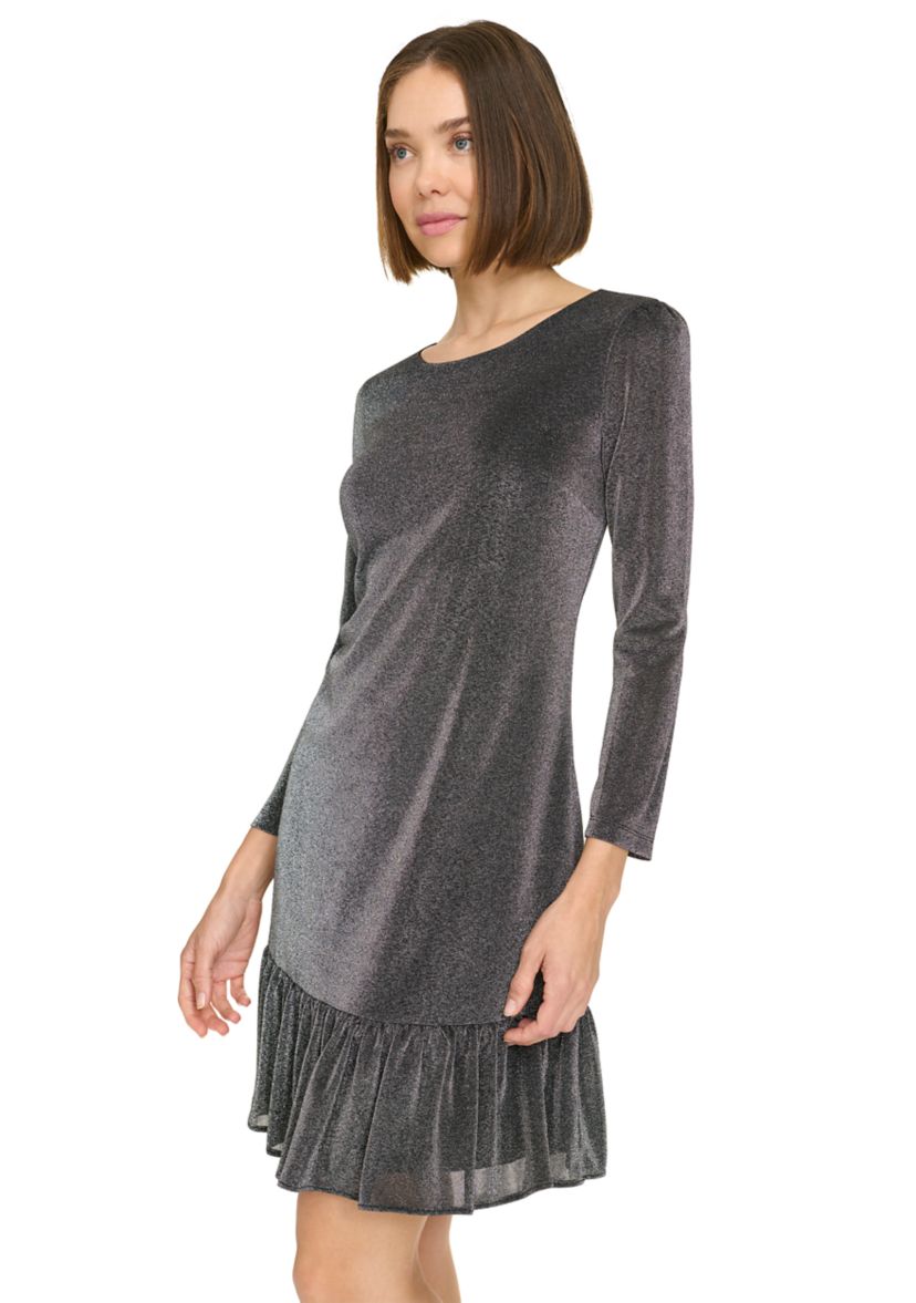 3/4 Sleeve Ruffle Hem Pop Shimmer Shift Dress 