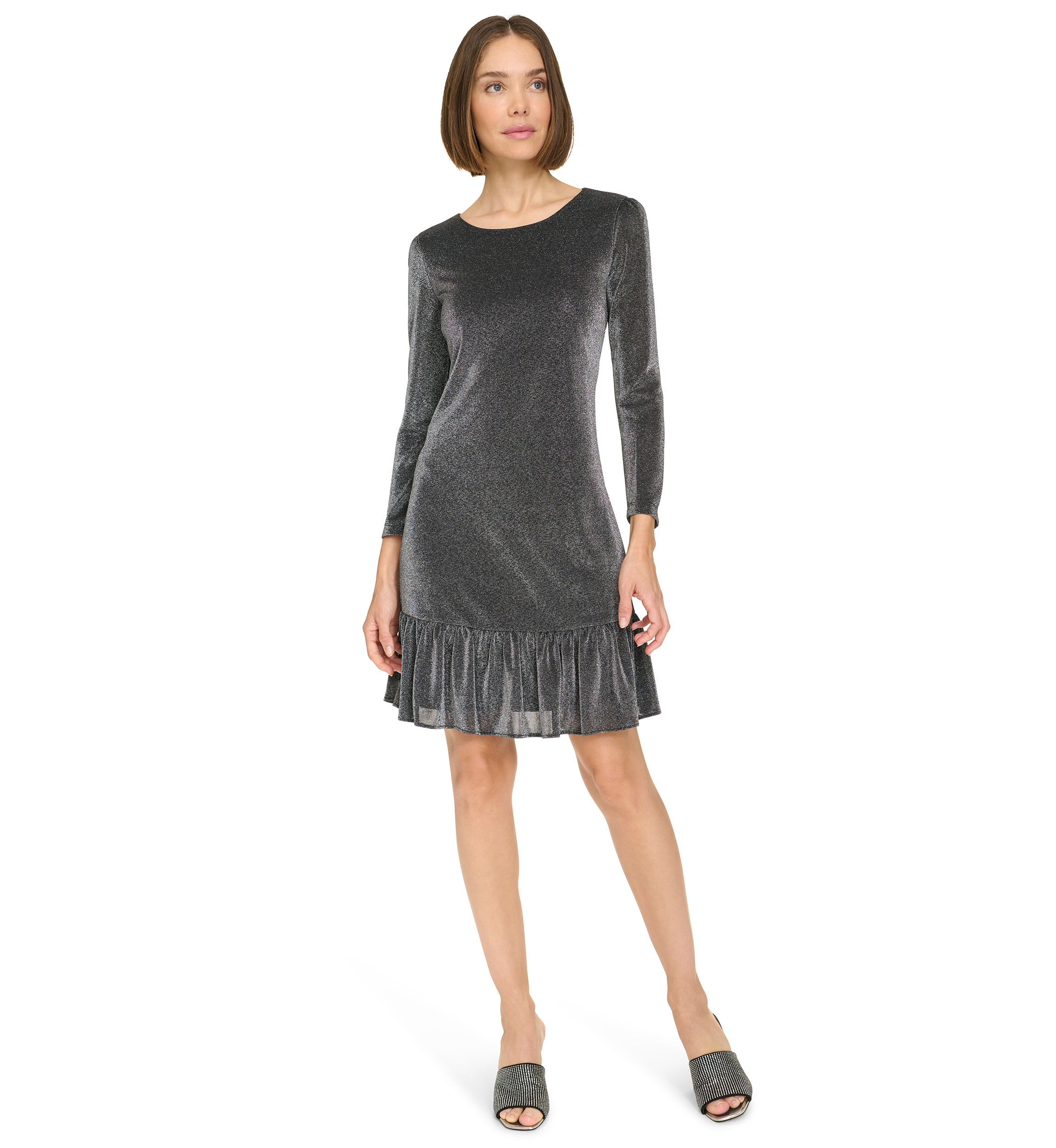 3/4 Sleeve Ruffle Hem Pop Shimmer Shift Dress 