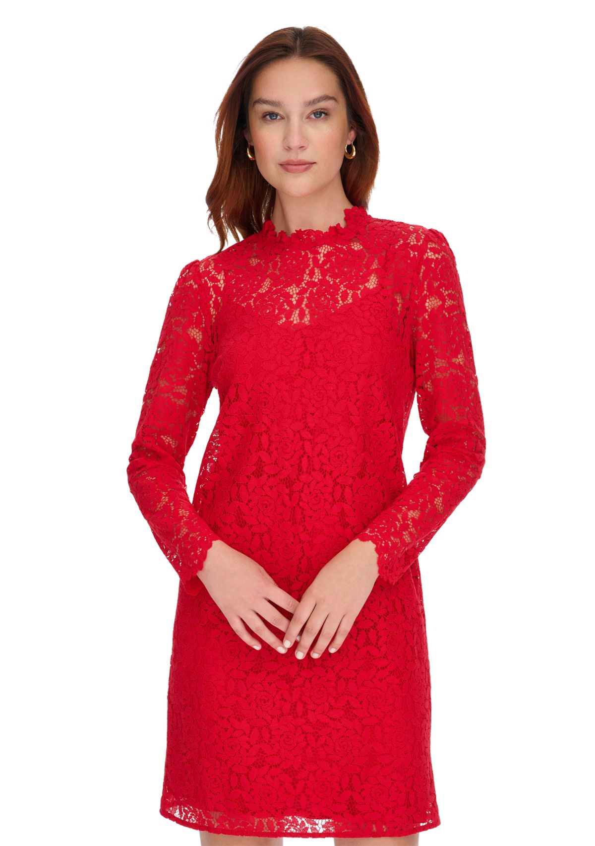 Womens Long Sleeve Smocked Neck Lace Shift Dress