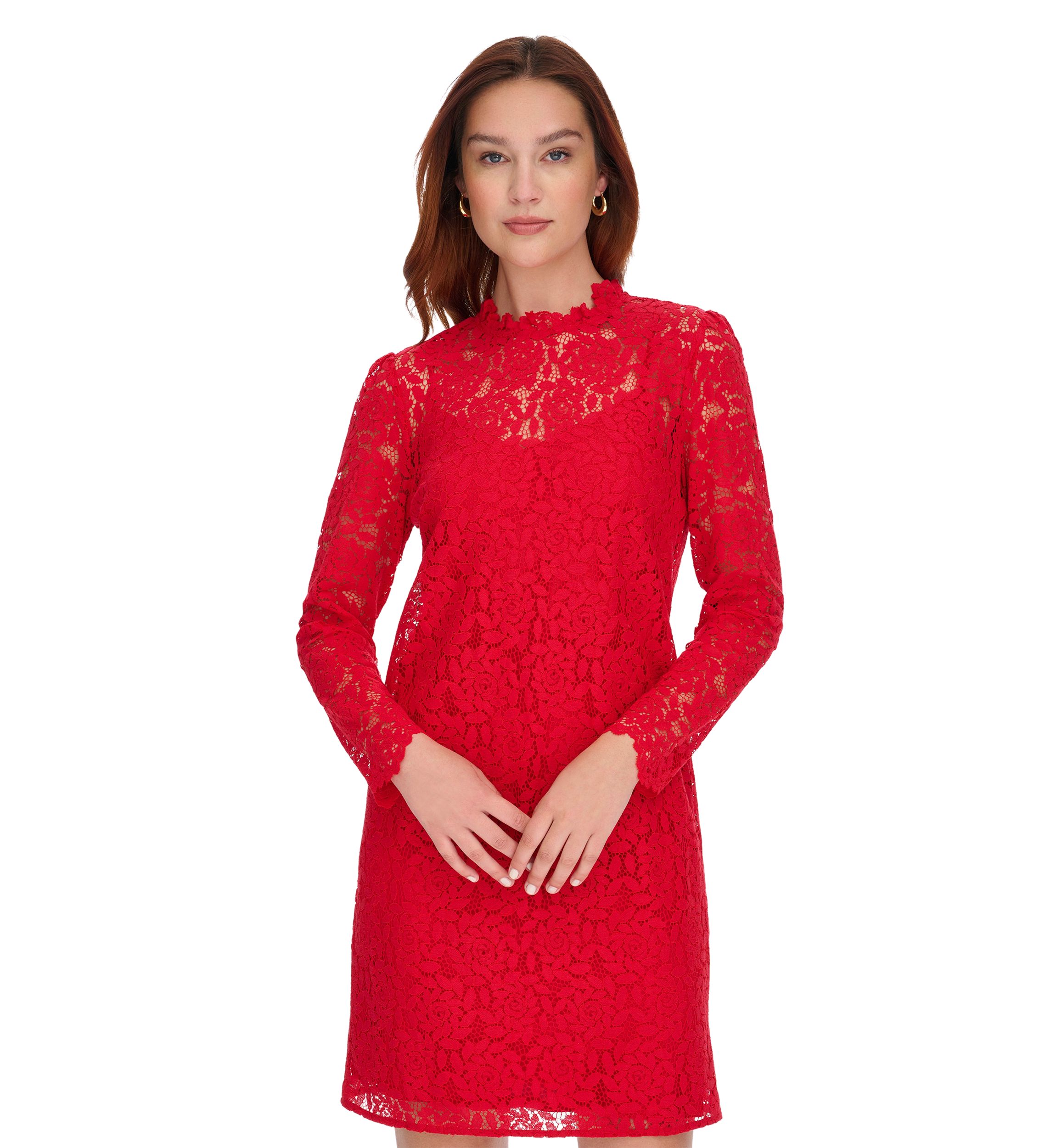 Womens Long Sleeve Smocked Neck Lace Shift Dress