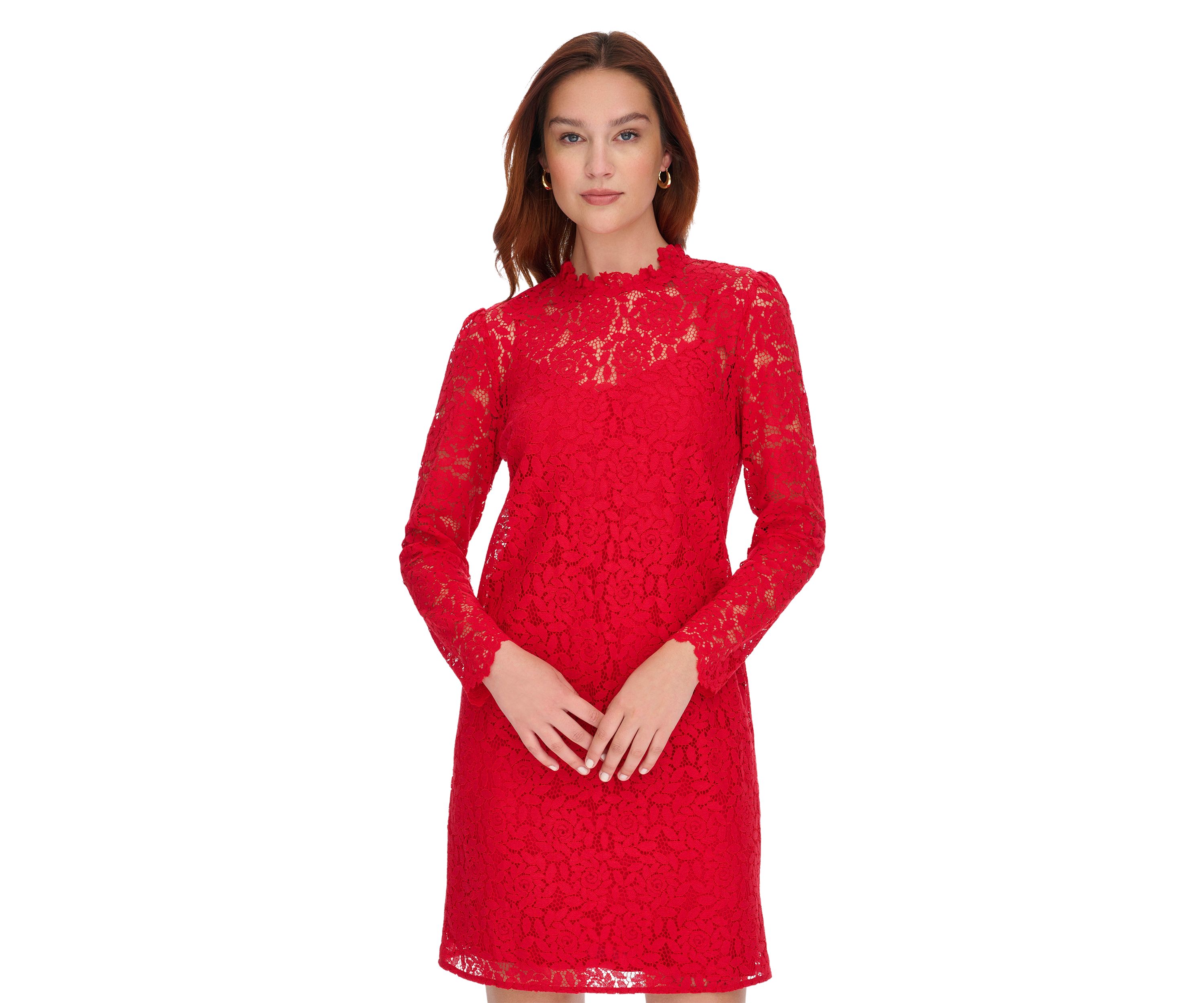 Womens Long Sleeve Smocked Neck Lace Shift Dress