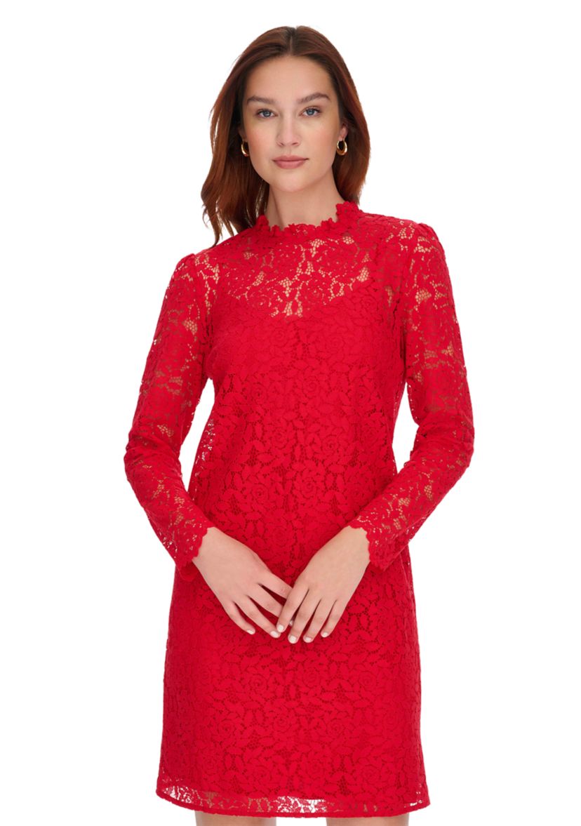 Womens Long Sleeve Smocked Neck Lace Shift Dress