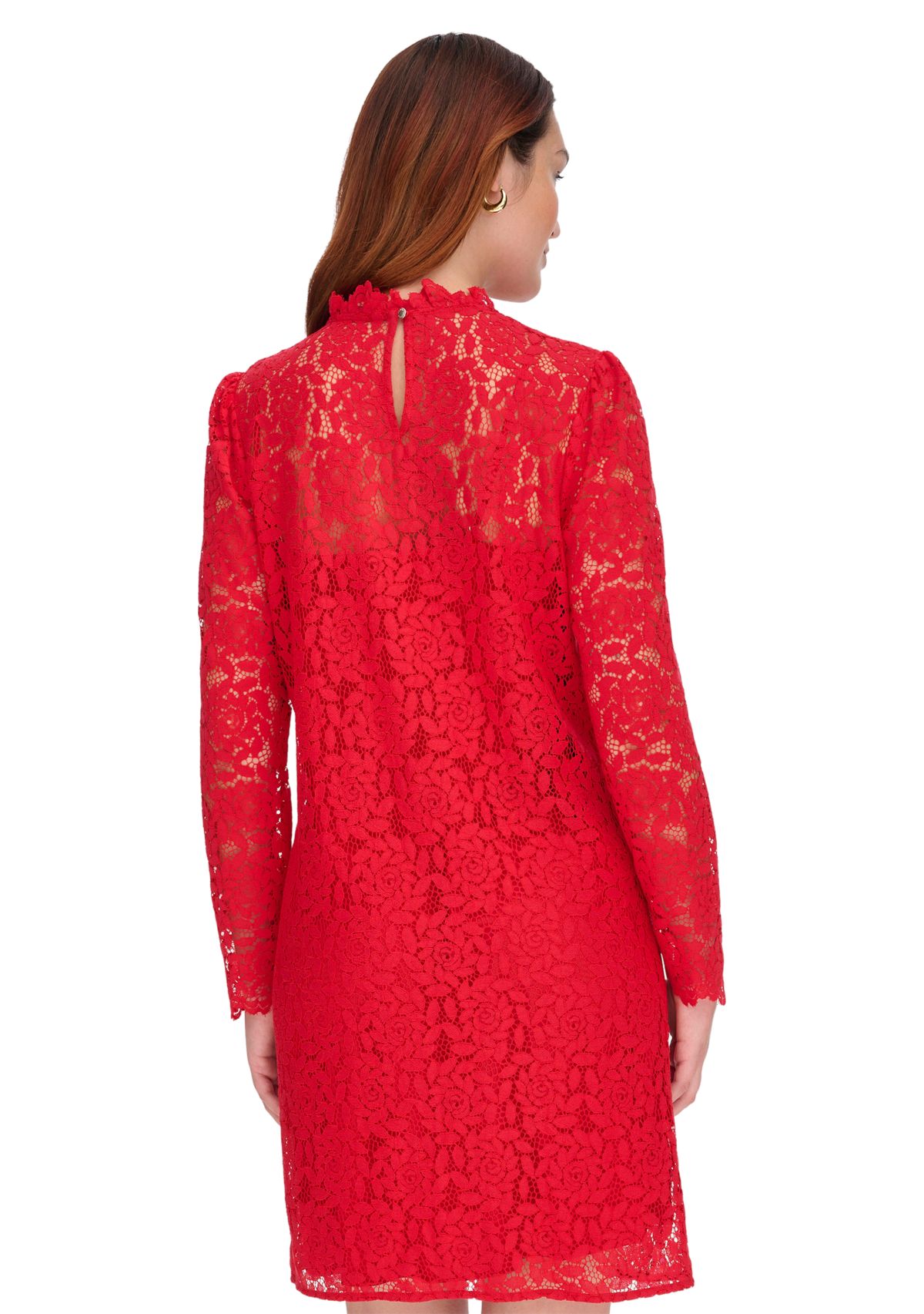 Womens Long Sleeve Smocked Neck Lace Shift Dress