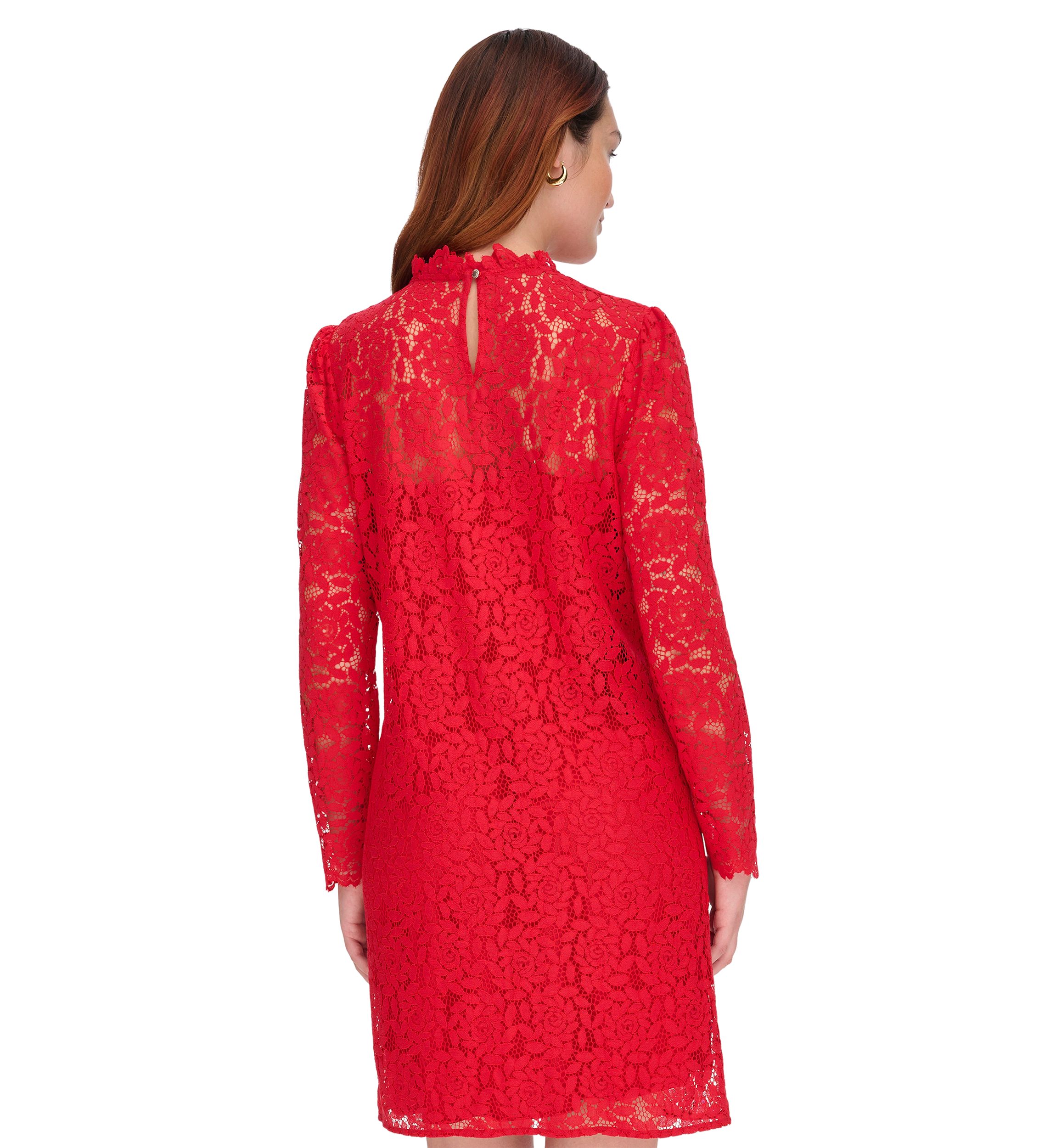 Womens Long Sleeve Smocked Neck Lace Shift Dress
