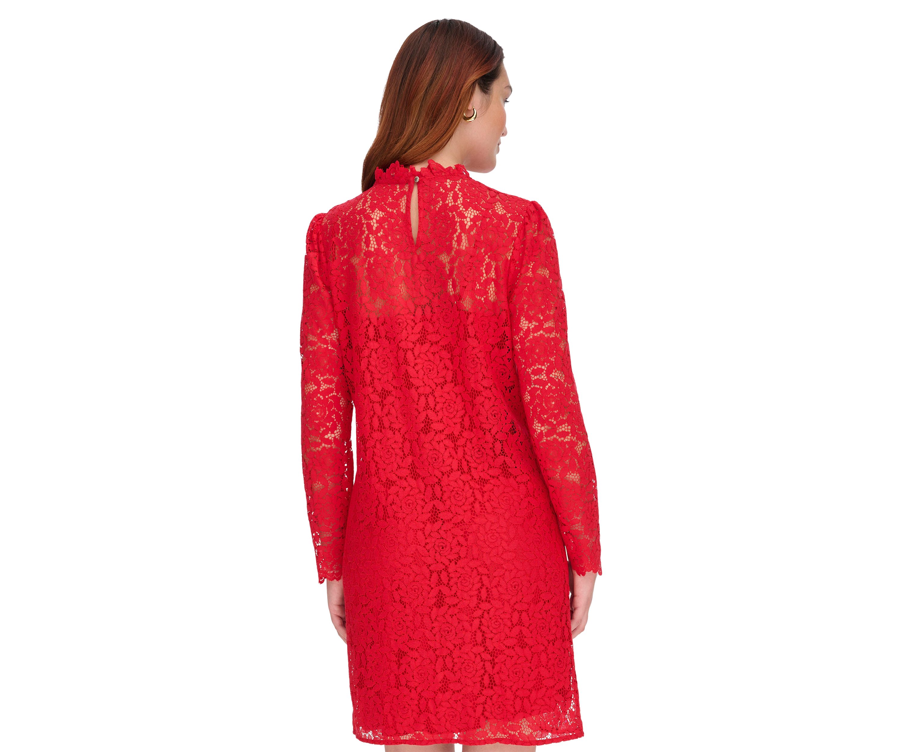 Womens Long Sleeve Smocked Neck Lace Shift Dress
