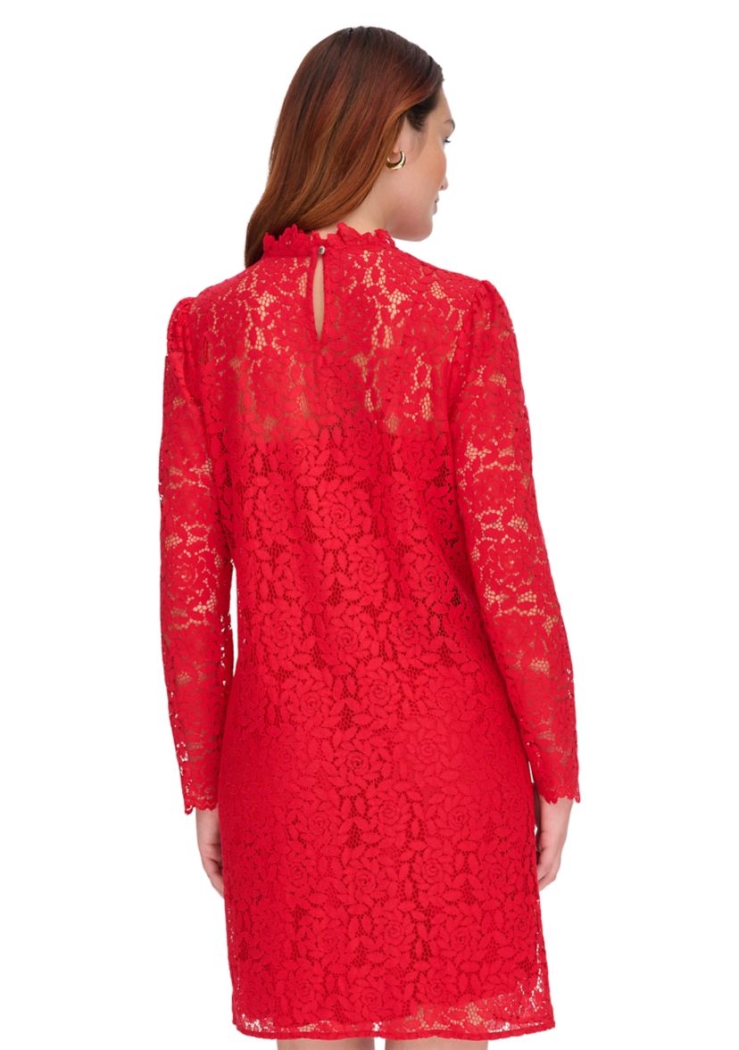 Womens Long Sleeve Smocked Neck Lace Shift Dress