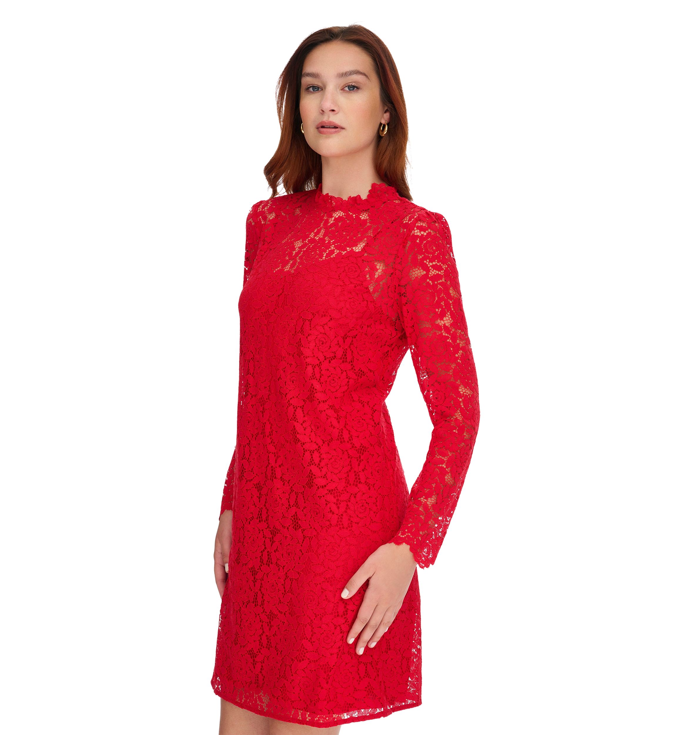 Womens Long Sleeve Smocked Neck Lace Shift Dress