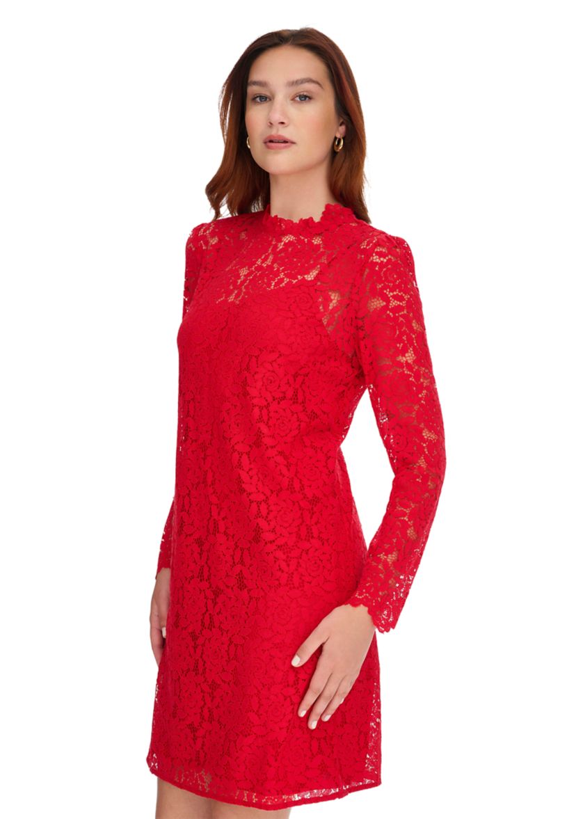 Womens Long Sleeve Smocked Neck Lace Shift Dress
