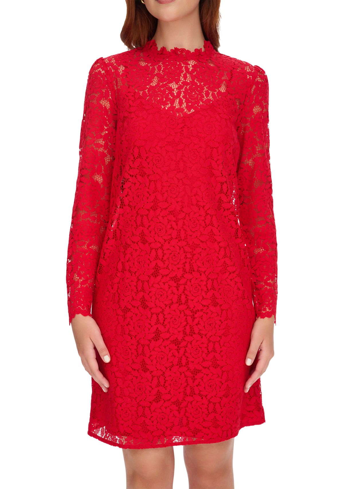 Womens Long Sleeve Smocked Neck Lace Shift Dress