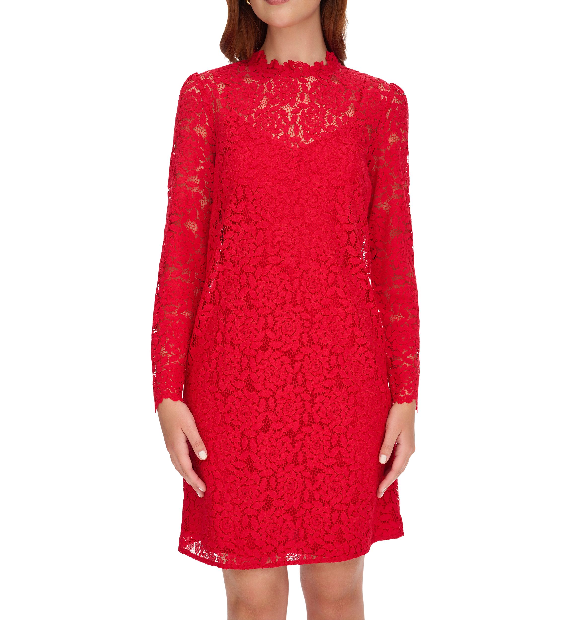 Womens Long Sleeve Smocked Neck Lace Shift Dress