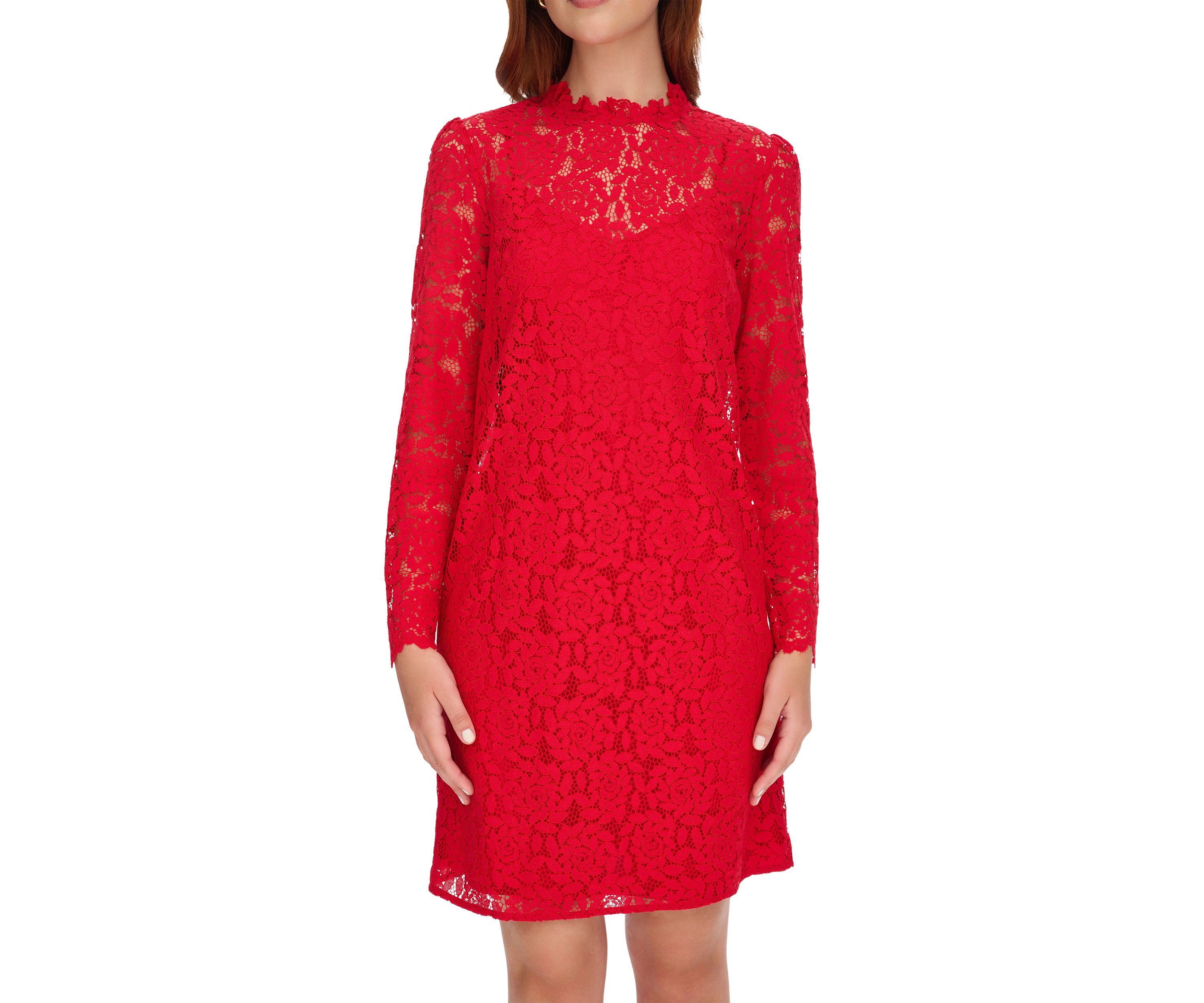 Womens Long Sleeve Smocked Neck Lace Shift Dress