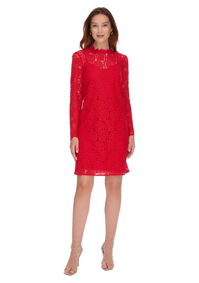 Womens Long Sleeve Smocked Neck Lace Shift Dress