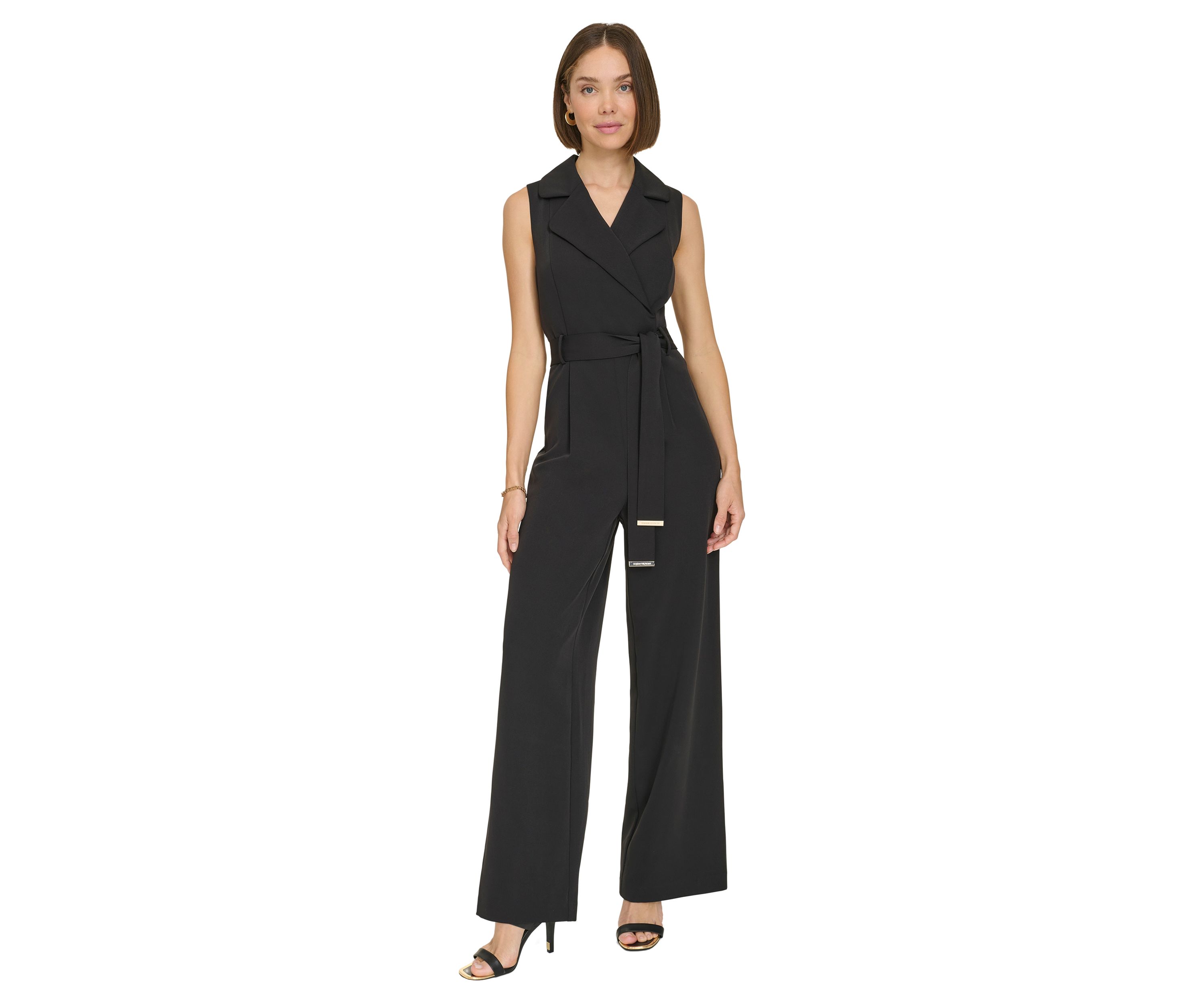 Womens Sleeveless Faux Wrap Self Tie Jumpsuit