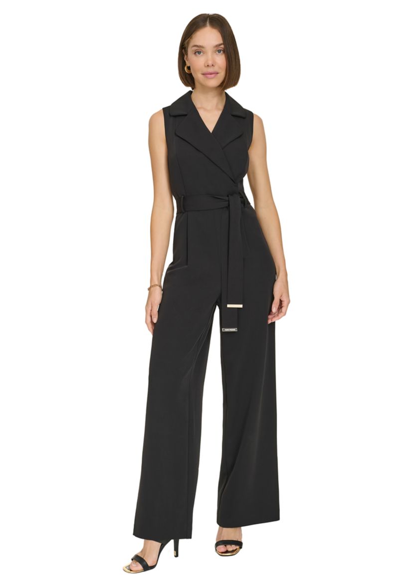 Womens Sleeveless Faux Wrap Self Tie Jumpsuit